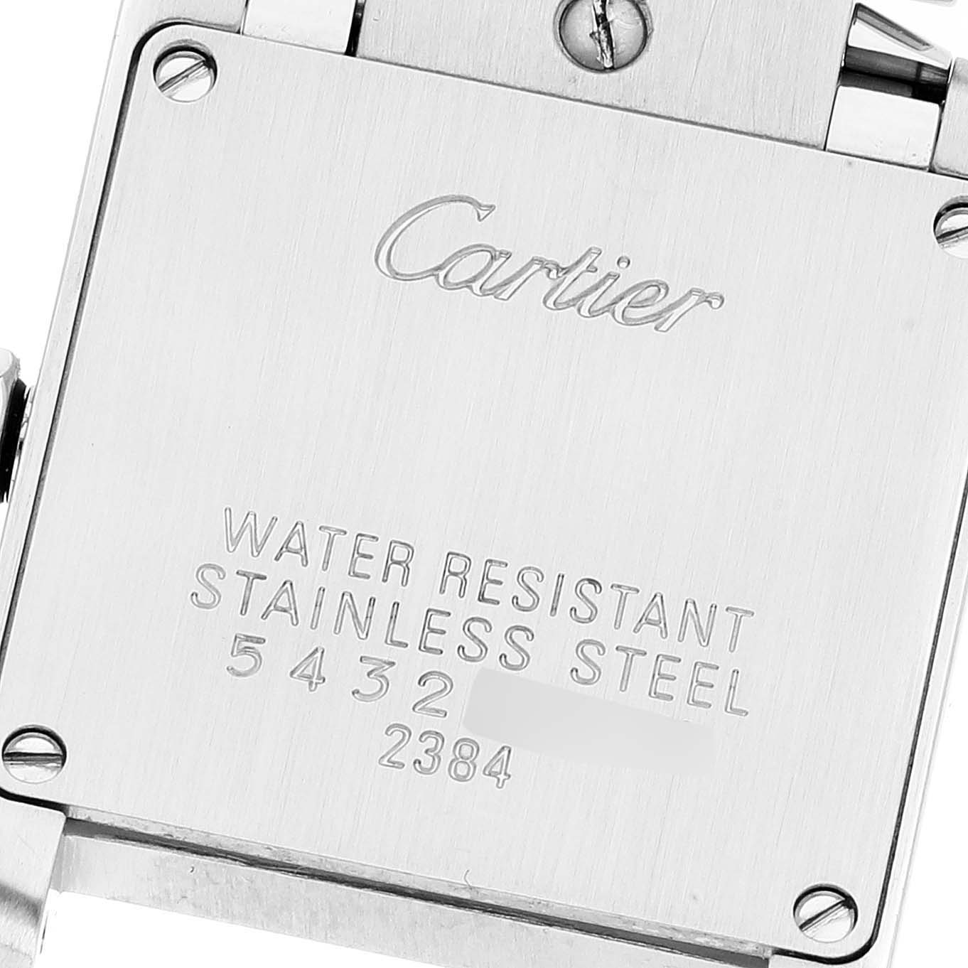This image shows the back case of a Cartier Tank Francaise W51031Q3 Women's Stainless Steel Silver Dial W51031Q3 Women's Stainless Steel Silver Dial watch, highlighting the water resistance and stainless steel details.