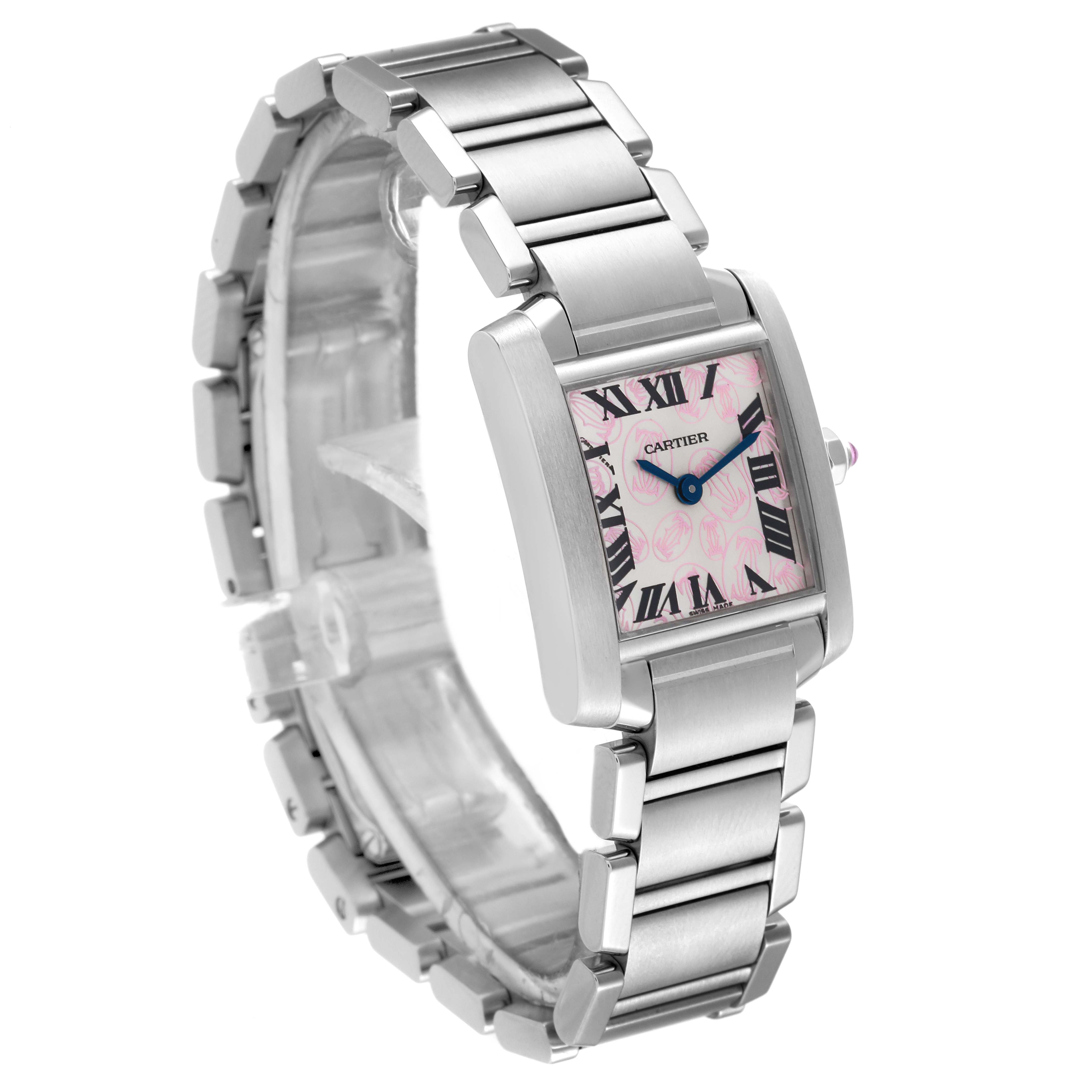 The image shows a Cartier Tank Francaise W51031Q3 Women's Stainless Steel Silver Dial W51031Q3 Women's Stainless Steel Silver Dial watch from a three-quarter angle, highlighting the face, bezel, and bracelet.