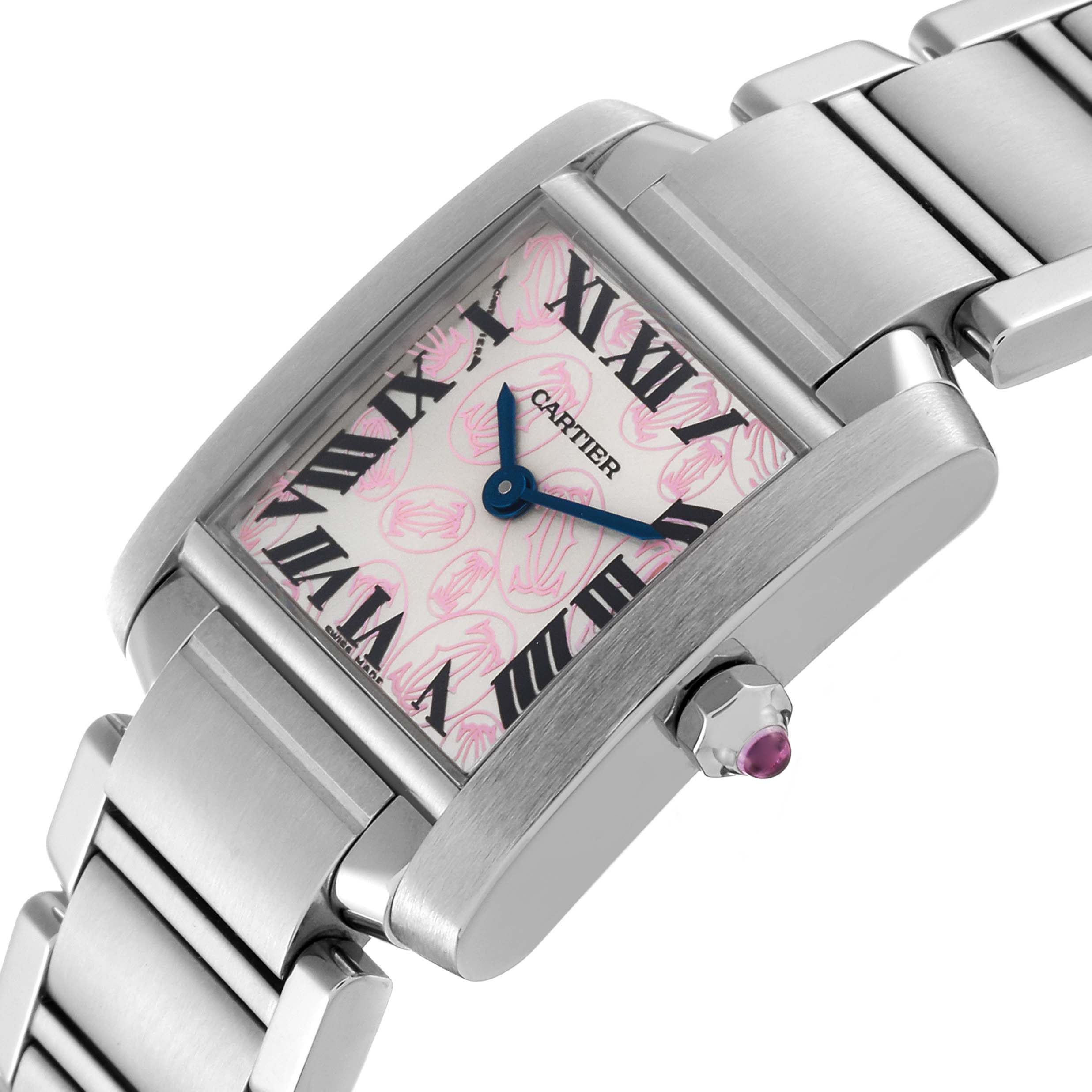 This Cartier Tank Francaise W51031Q3 Women's Stainless Steel Silver Dial W51031Q3 Women's Stainless Steel Silver Dial watch is shown at an angle highlighting the face, crown, and part of the bracelet.