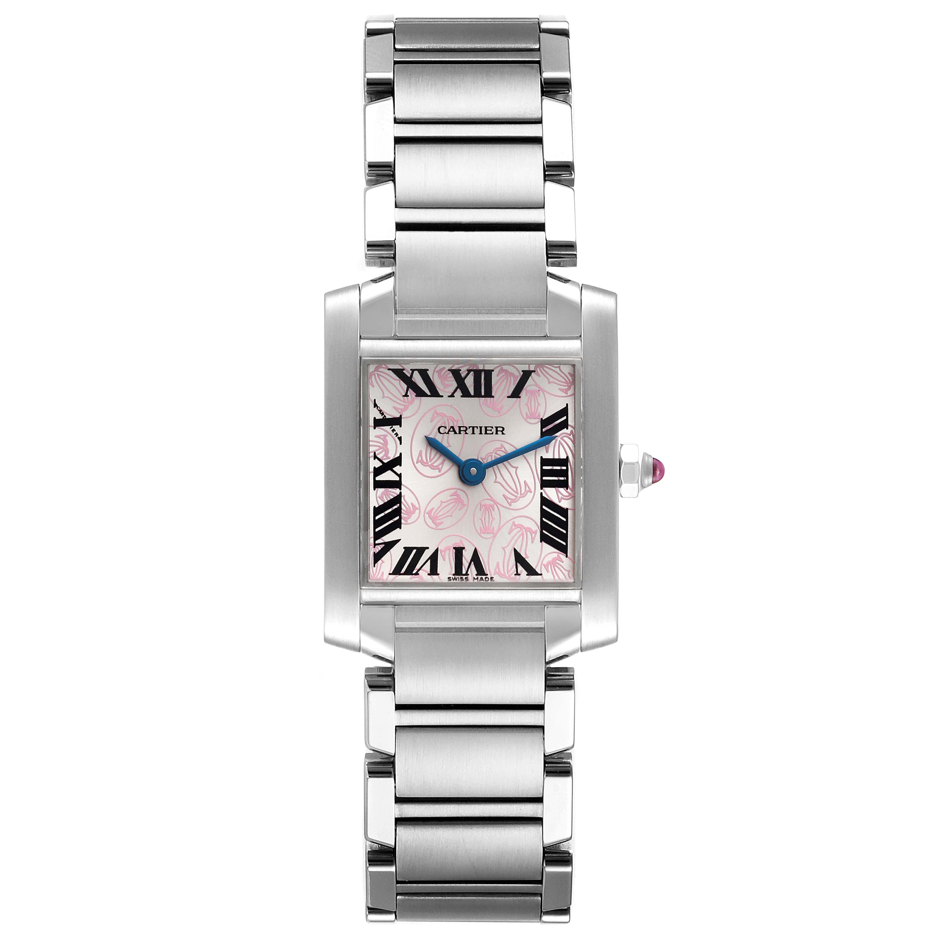 The image shows a Tank Francaise watch by Cartier from a top-down view, highlighting the dial, bracelet, and crown.