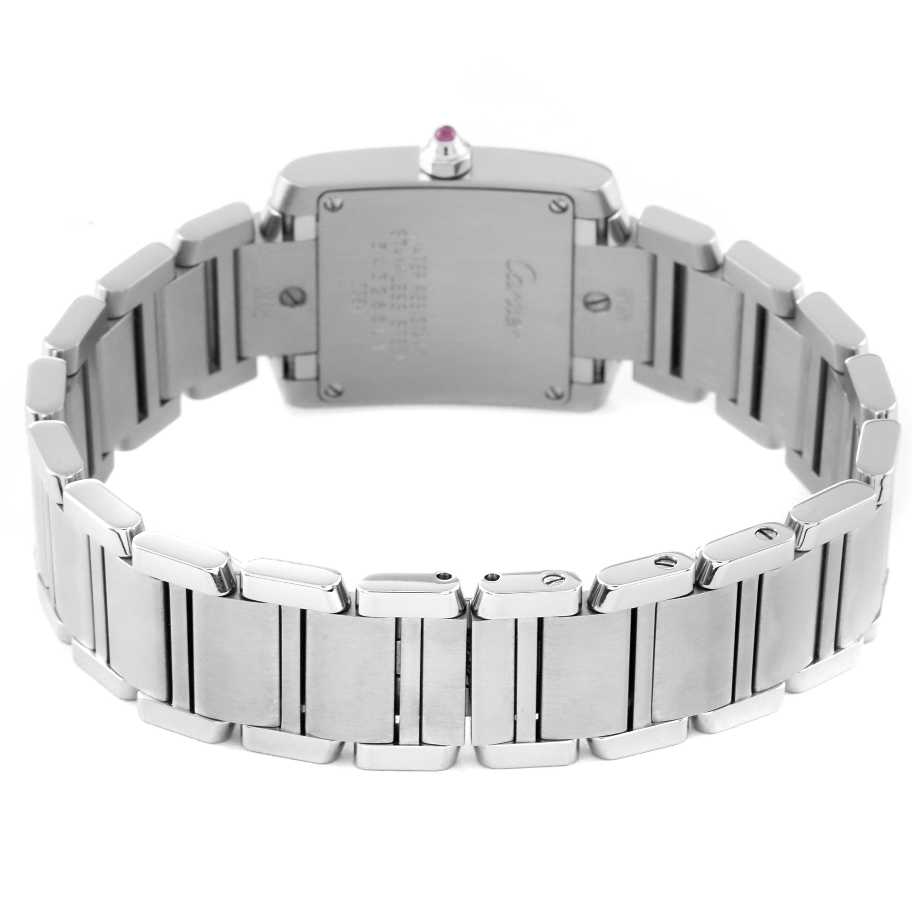 This image shows the back view of the Tank Française model by Cartier, highlighting the stainless steel bracelet and caseback.