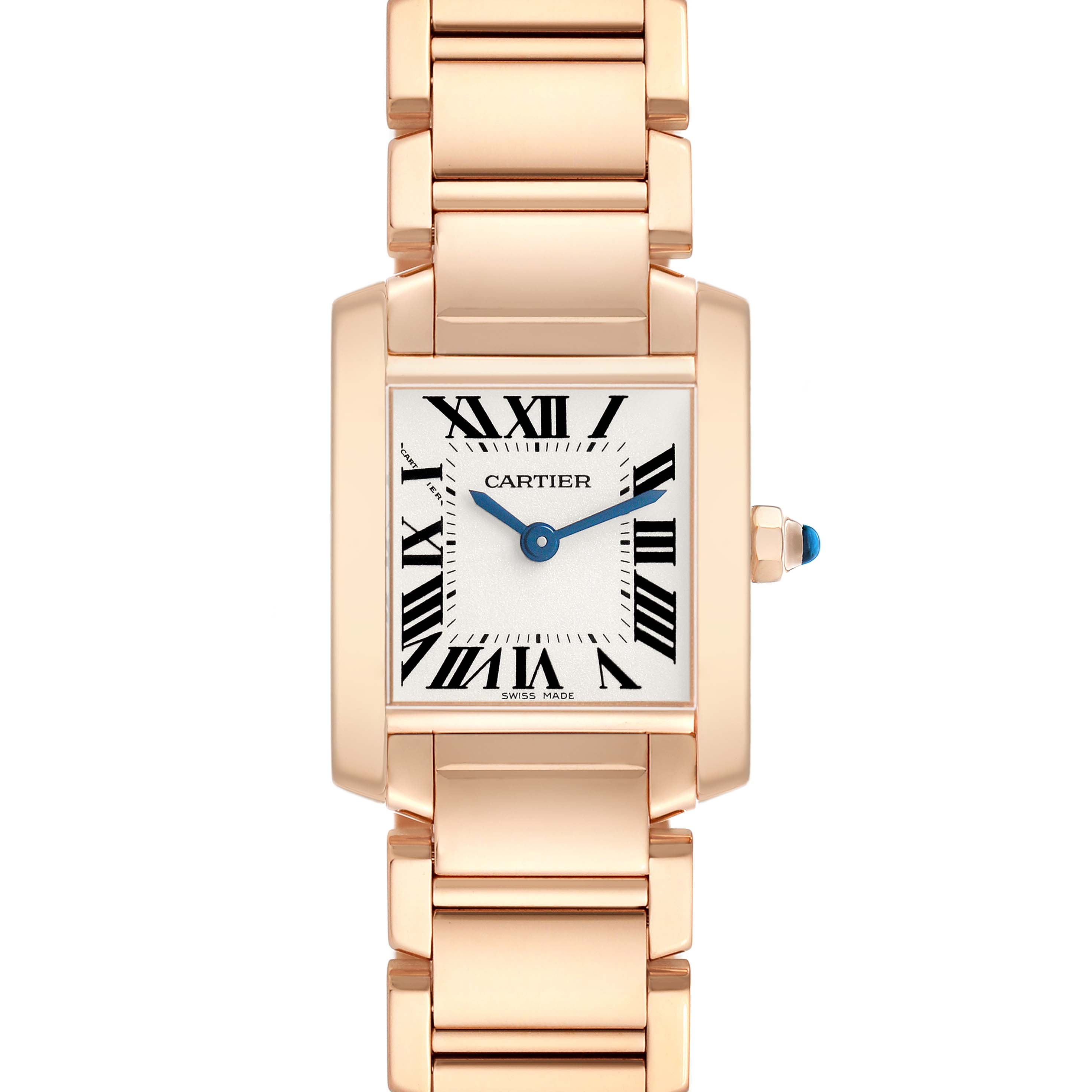 The Cartier Tank Française watch is shown from a front angle, displaying its rectangular face, Roman numeral dial, and metal bracelet.