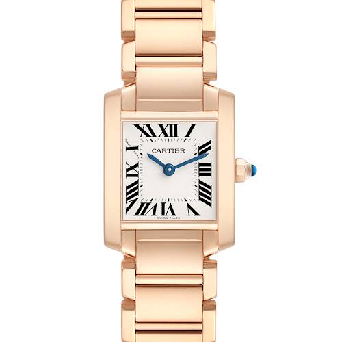 The Cartier Tank Francaise WGTA0029 Women's Rose Gold Silver Dial watch is shown from a front angle, highlighting its square face, Roman numerals, and metal bracelet.