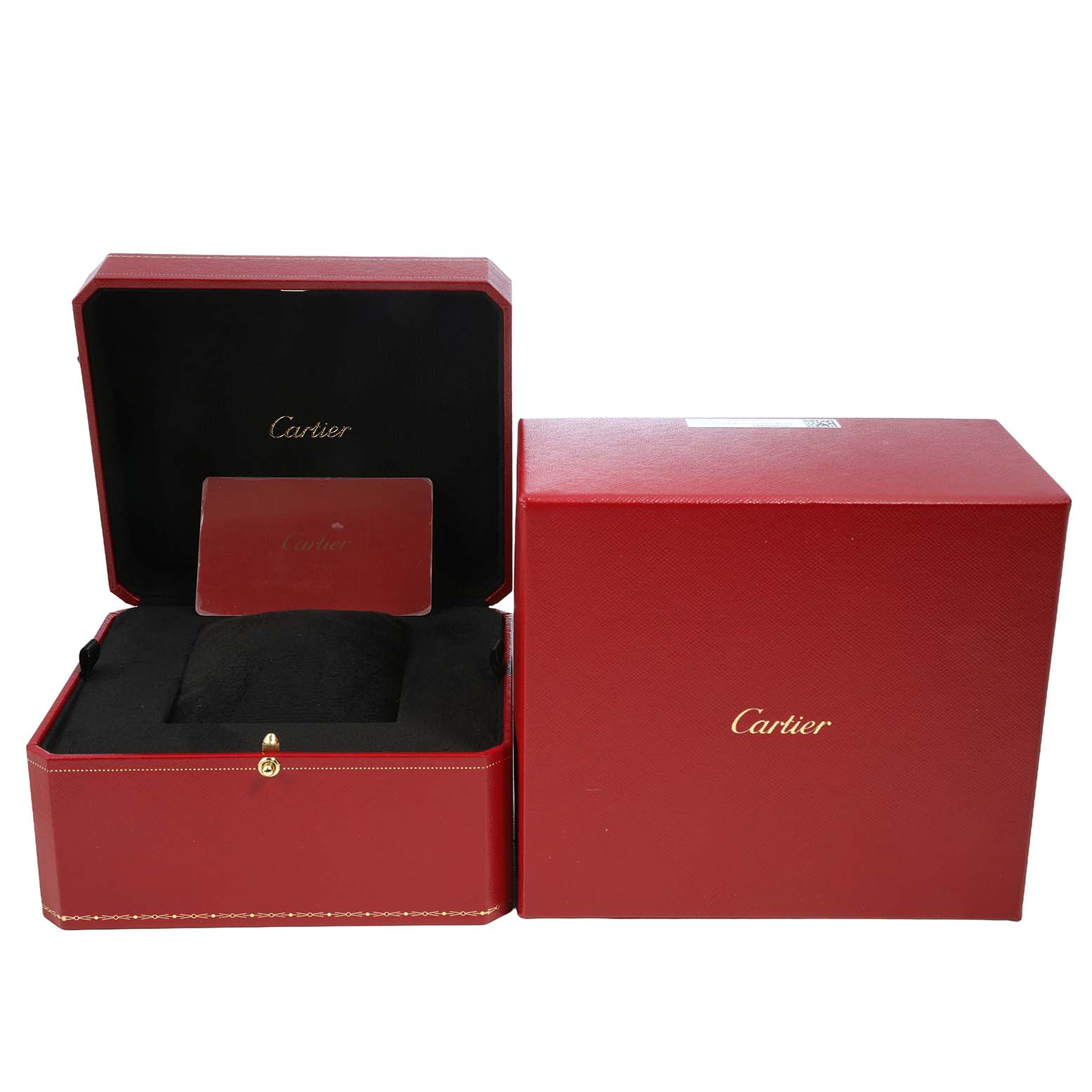 The image shows the Cartier Tank Francaise WGTA0029 Women's Rose Gold Silver Dial watch's red presentation box and outer packaging, open to display the interior.