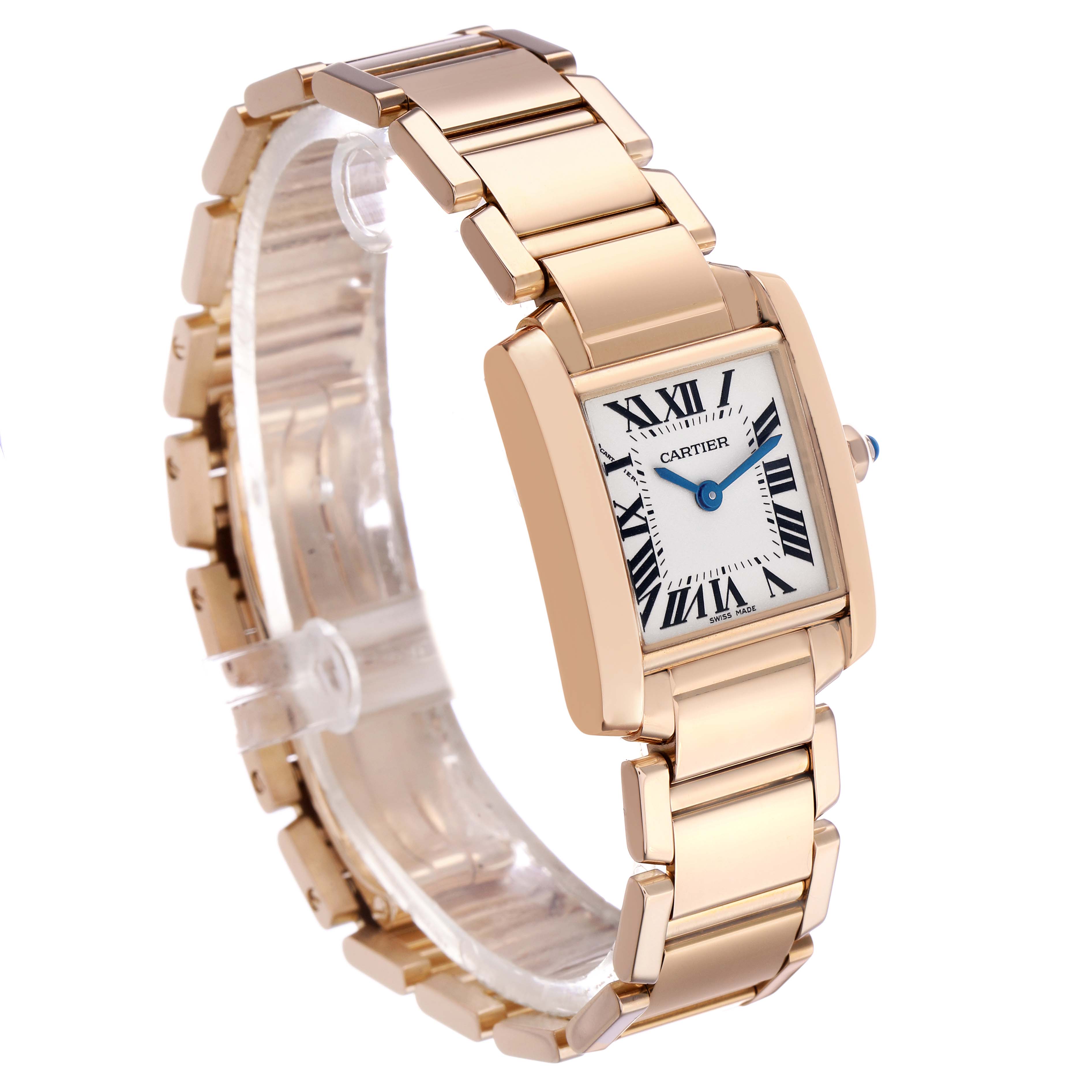 The Cartier Tank Francaise WGTA0029 Women's Rose Gold Silver Dial watch is shown in a three-quarter view, highlighting the rectangular face, bracelet, and crown.
