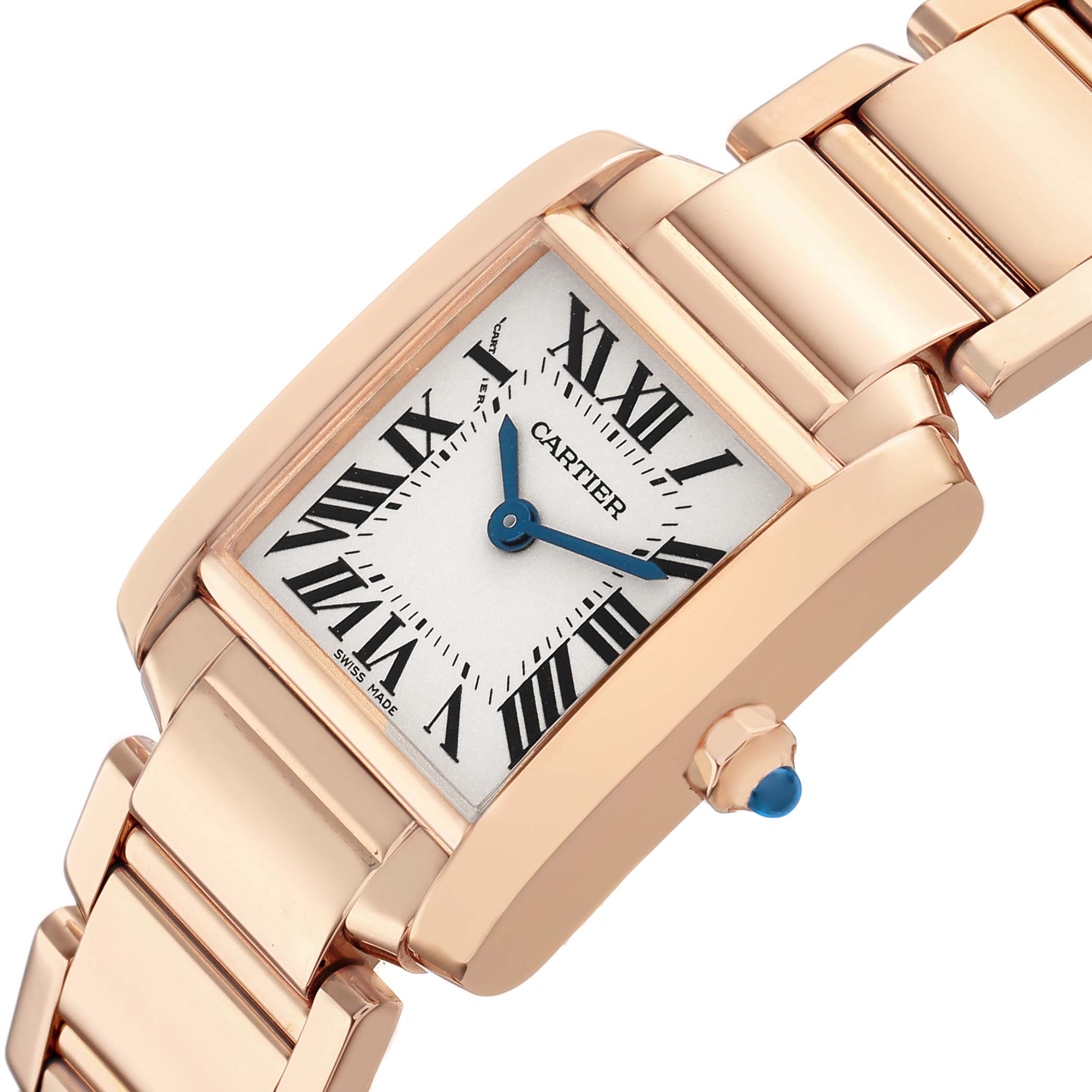 The Cartier Tank Française watch is shown at an angle featuring the face, crown with a blue cabochon, and part of the bracelet.