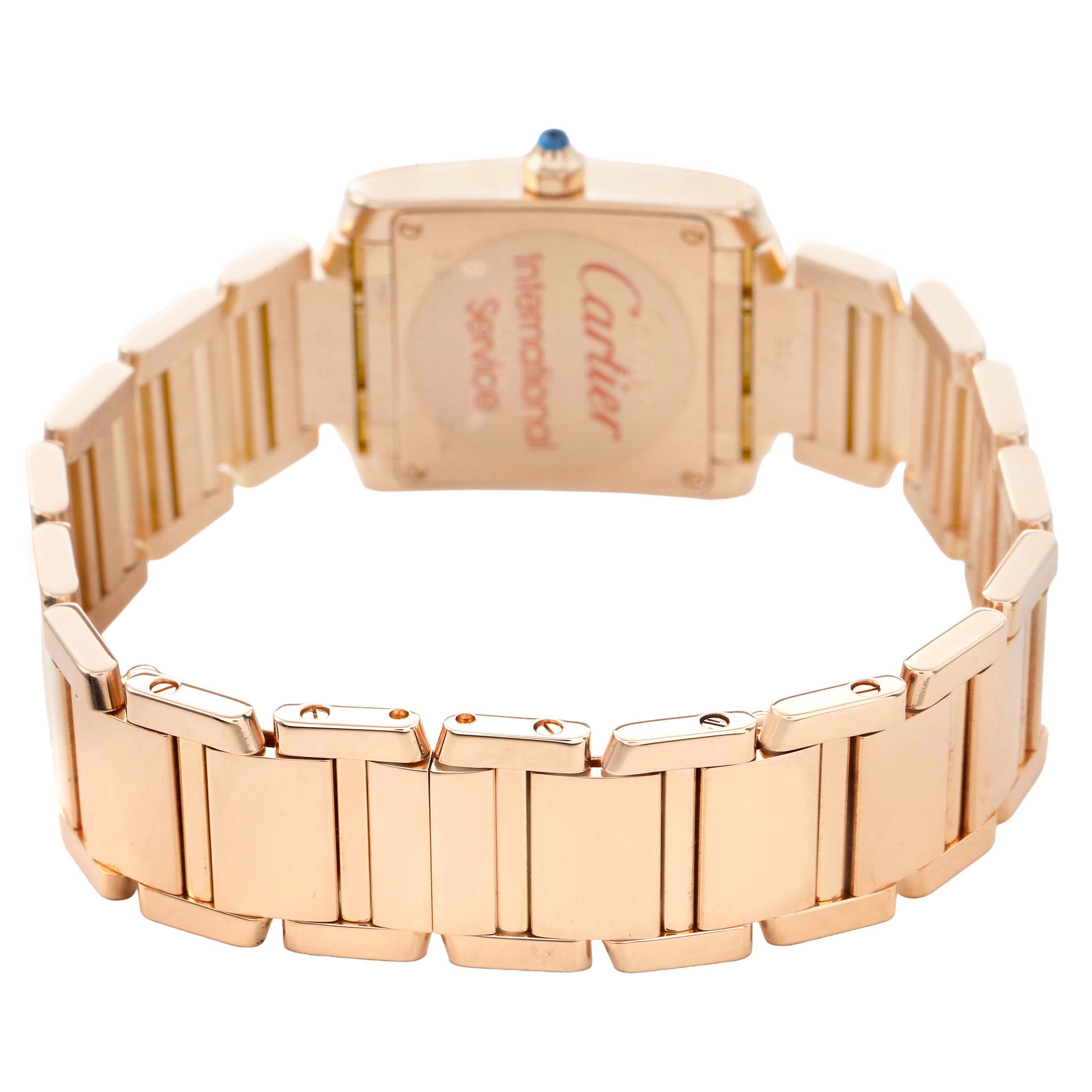 The image shows the back view of a Cartier Tank Francaise WGTA0029 Women's Rose Gold Silver Dial watch, focusing on the case back and bracelet.