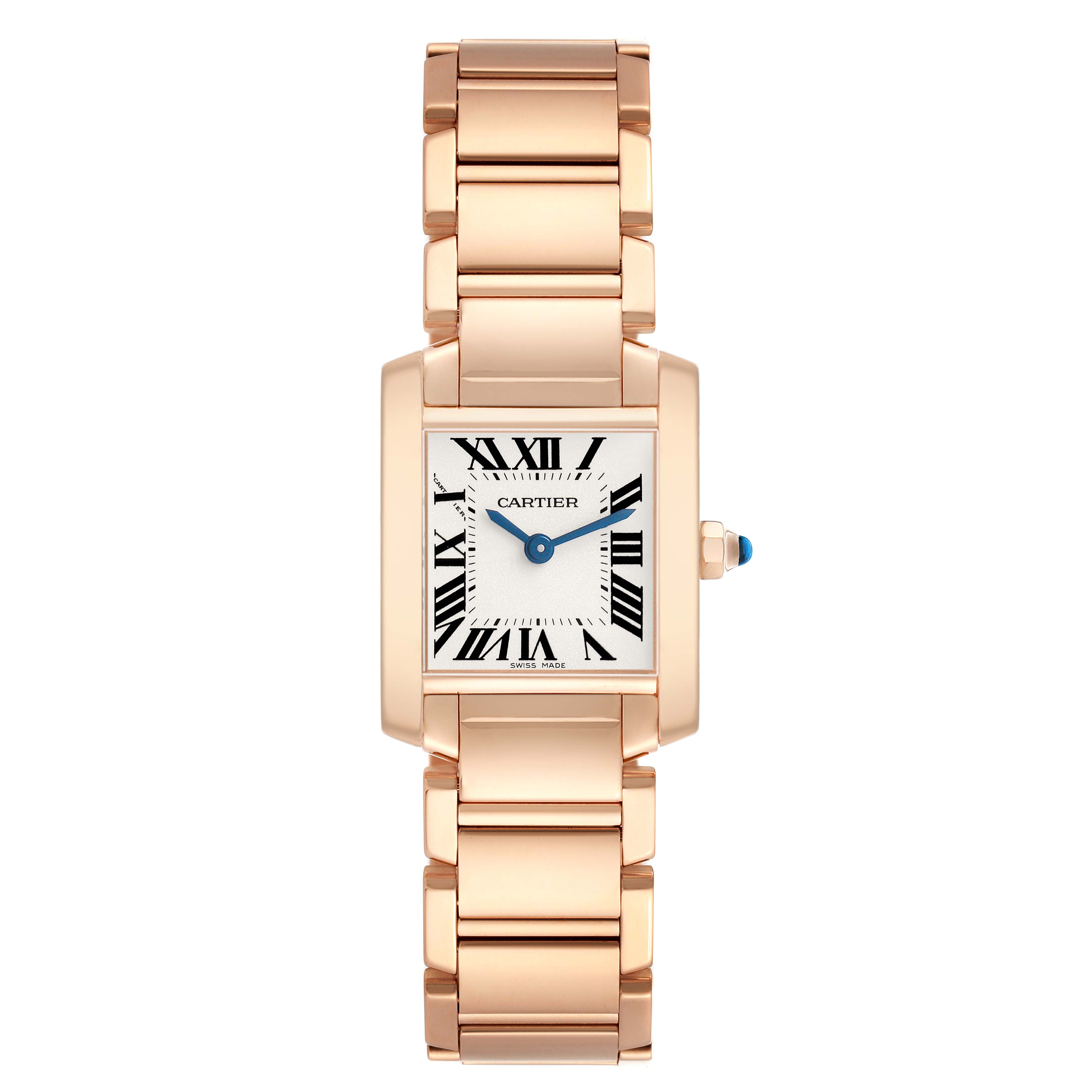 This Cartier Tank Française watch is shown from a frontal angle, highlighting its rectangular face, Roman numerals, and metal bracelet.