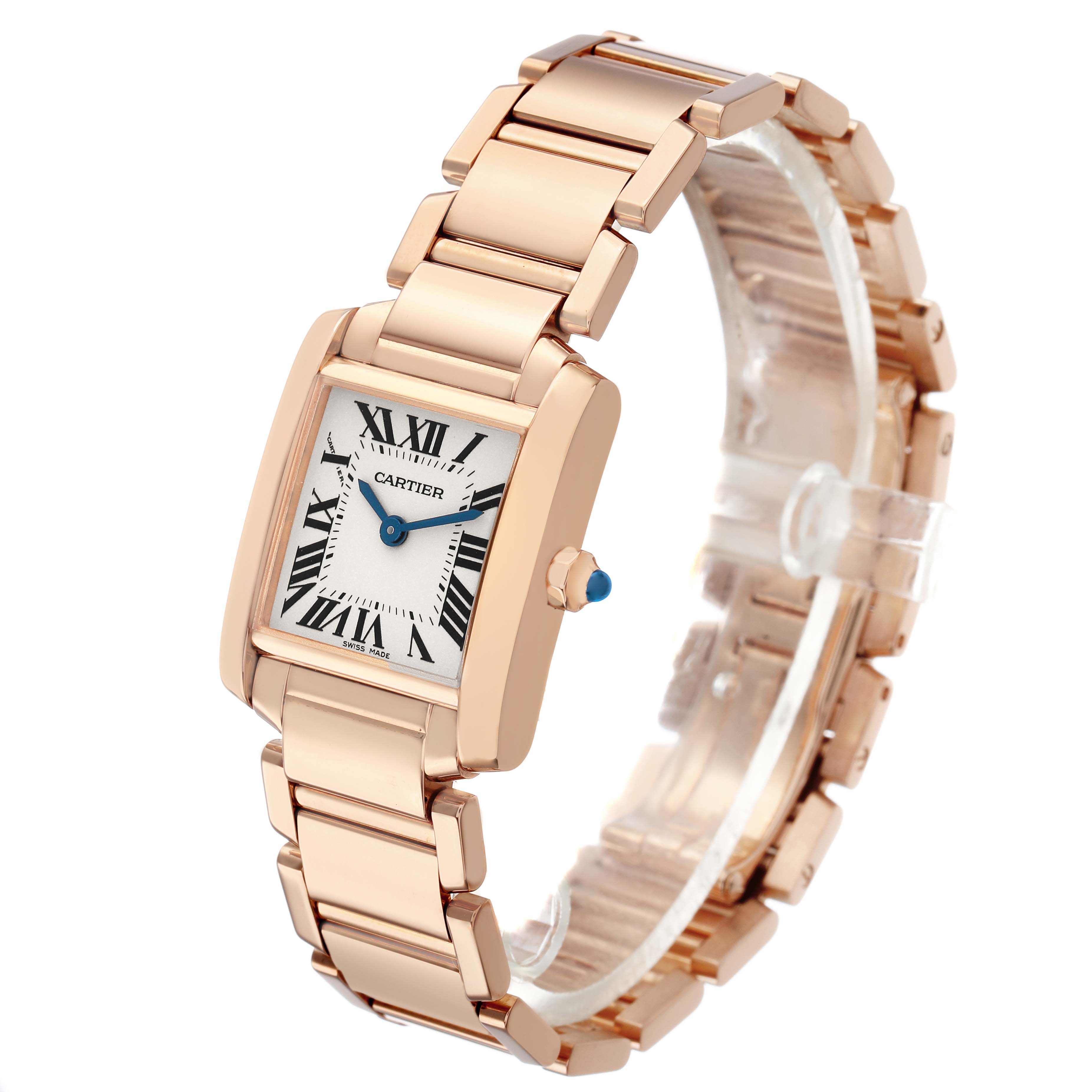 The Cartier Tank Francaise WGTA0029 Women's Rose Gold Silver Dial watch is shown at a three-quarter angle, highlighting its rectangular dial and metal bracelet.