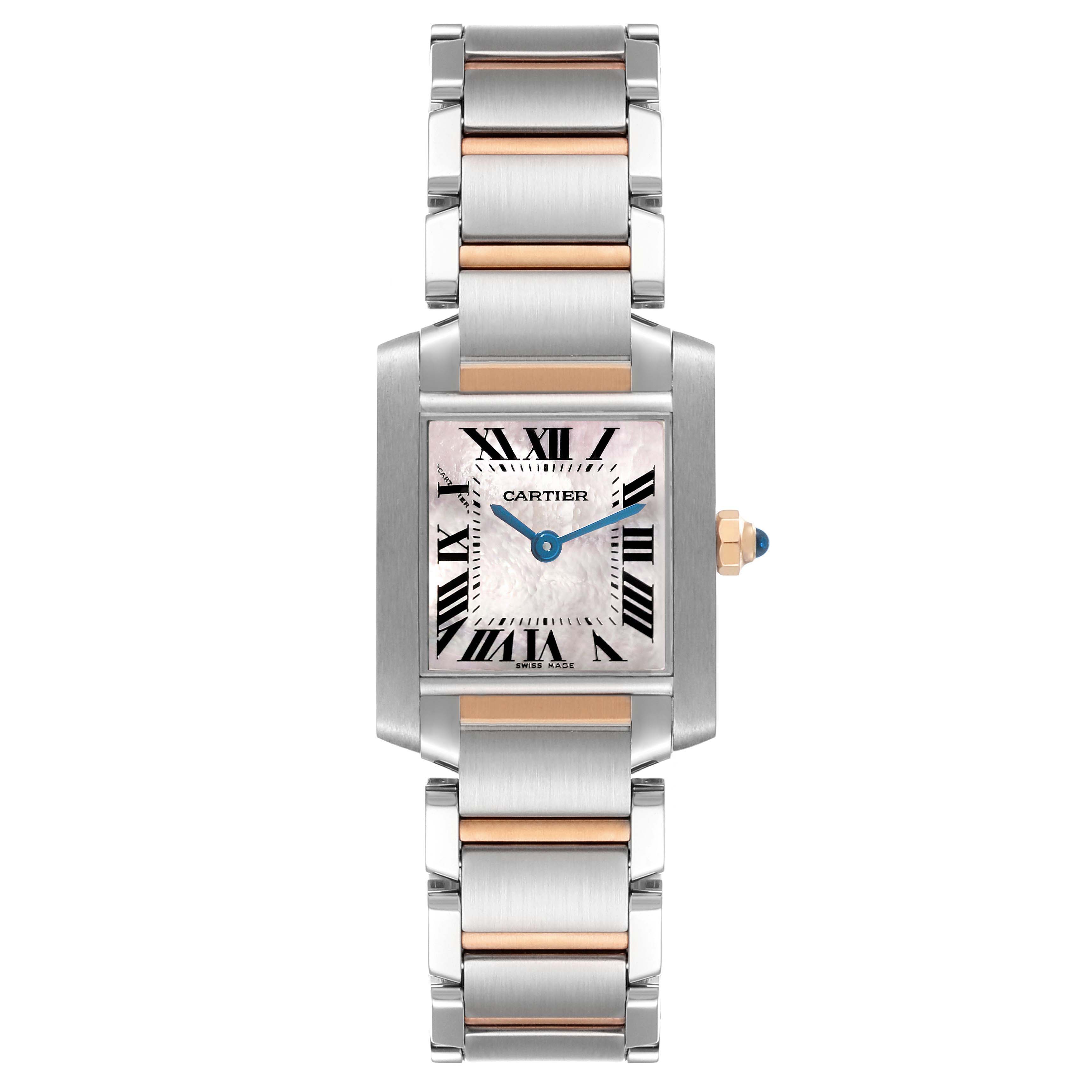 The Cartier Tank Française watch is shown from a top-down angle, displaying its face, bezel, and bracelet.