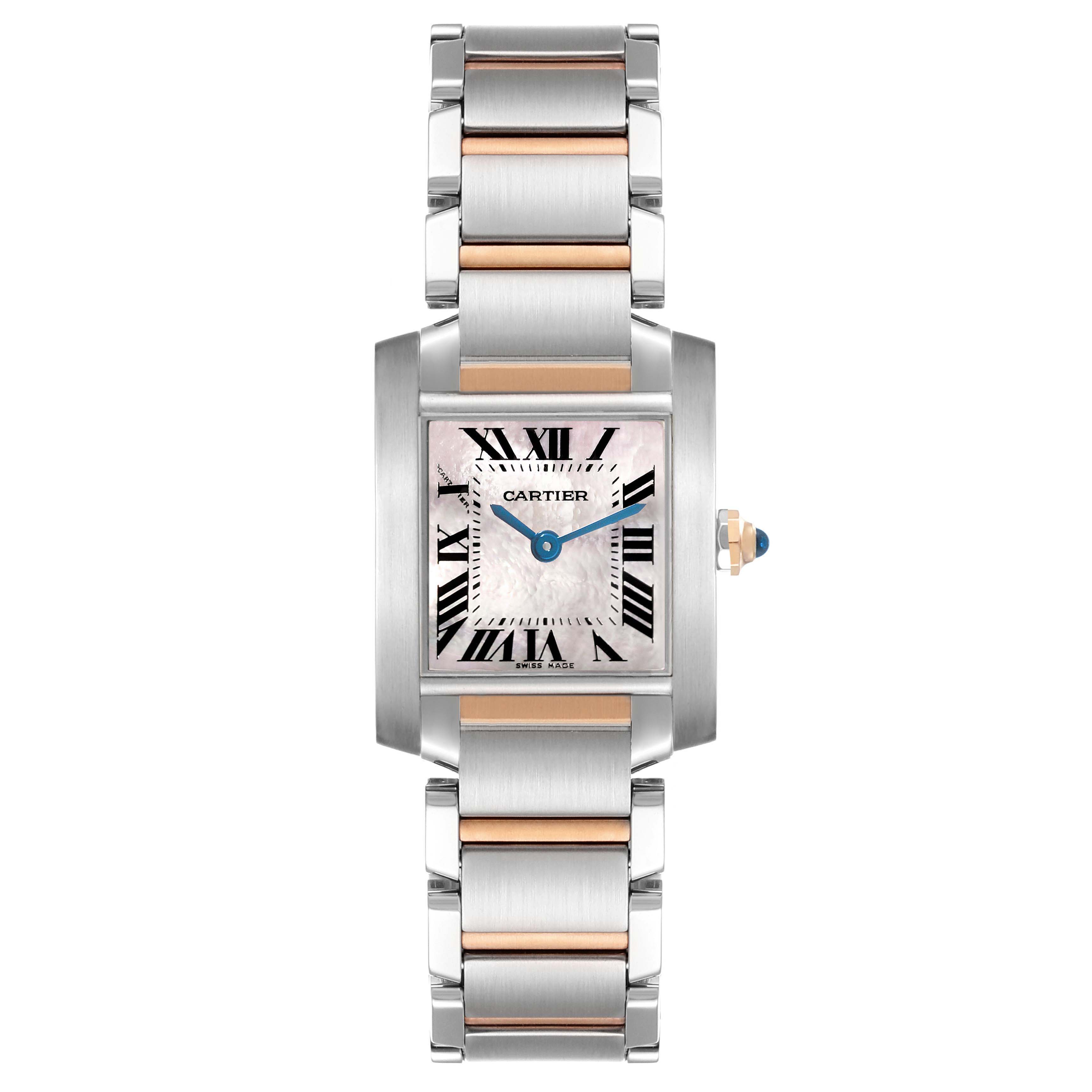 The Cartier Tank Francaise W51027Q4 Women's Steel and Gold (two tone) Mother of Pearl Dial watch is shown from a top-down angle highlighting its face, bracelet, and crown.