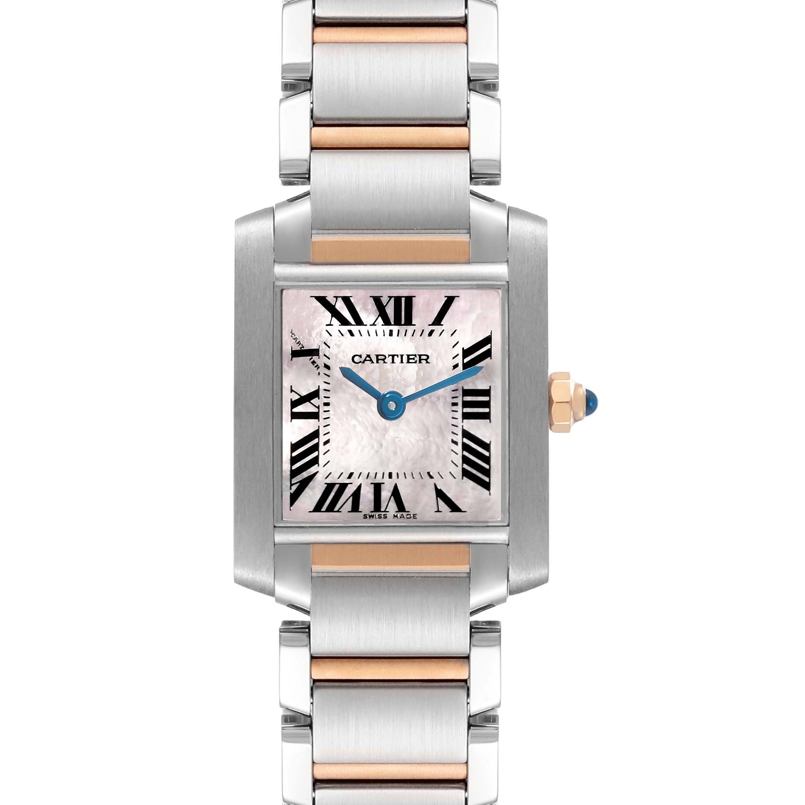 The Cartier Tank Francaise W51027Q4 Women's Steel and Gold (two tone) Mother of Pearl Dial watch is shown from a front angle, highlighting the dial, bracelet, and the side crown.