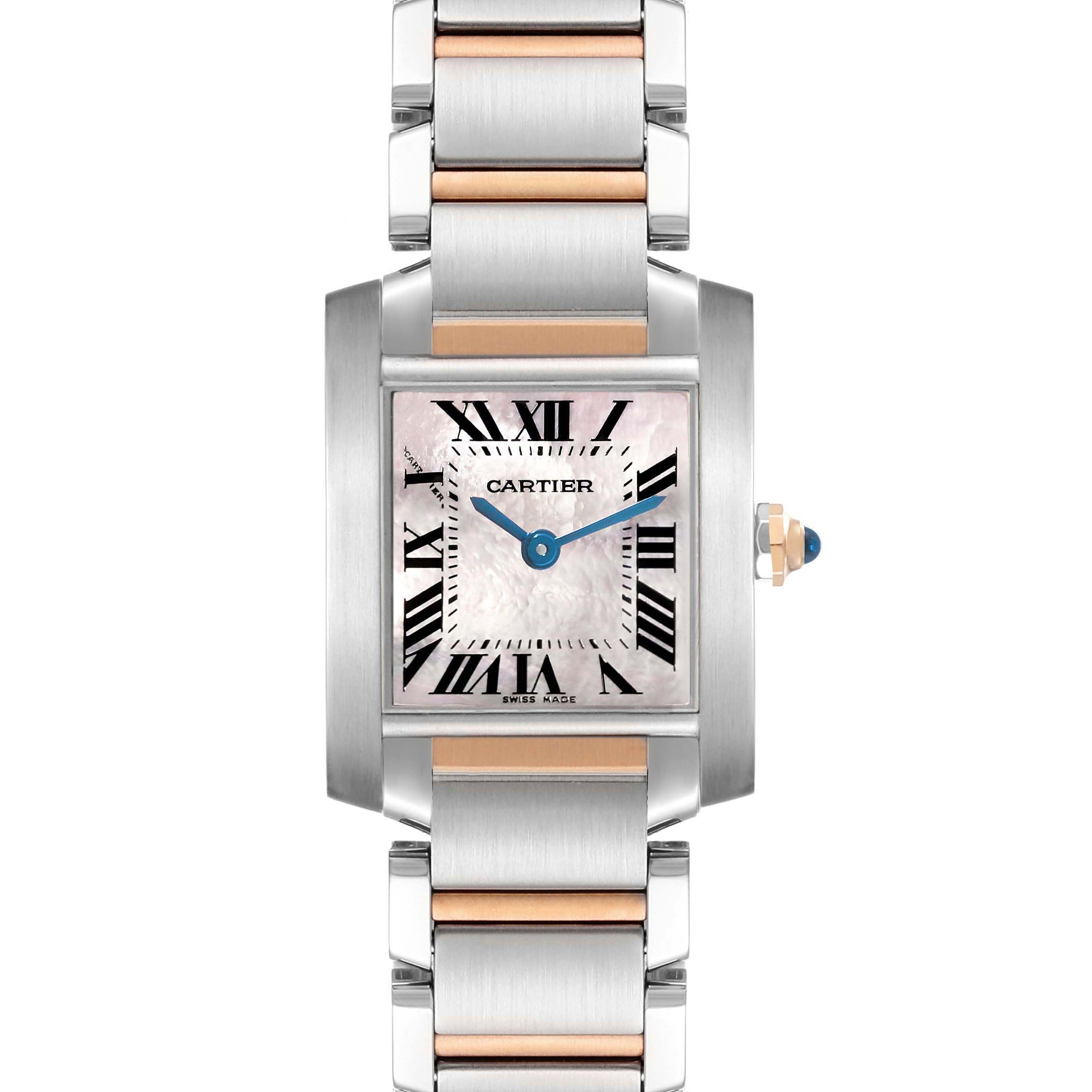 The image shows a Cartier Tank Française watch, front view, highlighting the square face, Roman numerals, and metal bracelet.