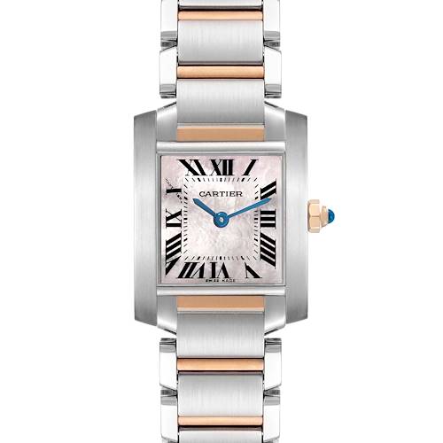 The Cartier Tank Française watch is shown from the front, highlighting its rectangular face, Roman numerals, and metal bracelet.