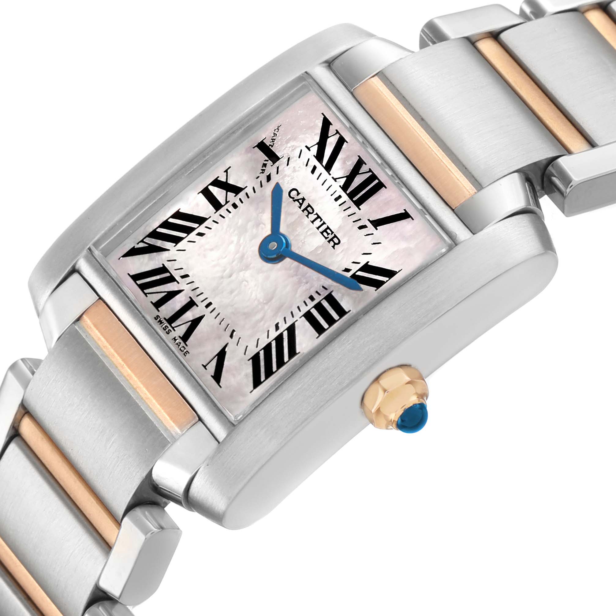 The Cartier Tank Francaise W51027Q4 Women's Steel and Gold (two tone) Mother of Pearl Dial watch is shown at an angle highlighting the face, crown, and part of the bracelet.