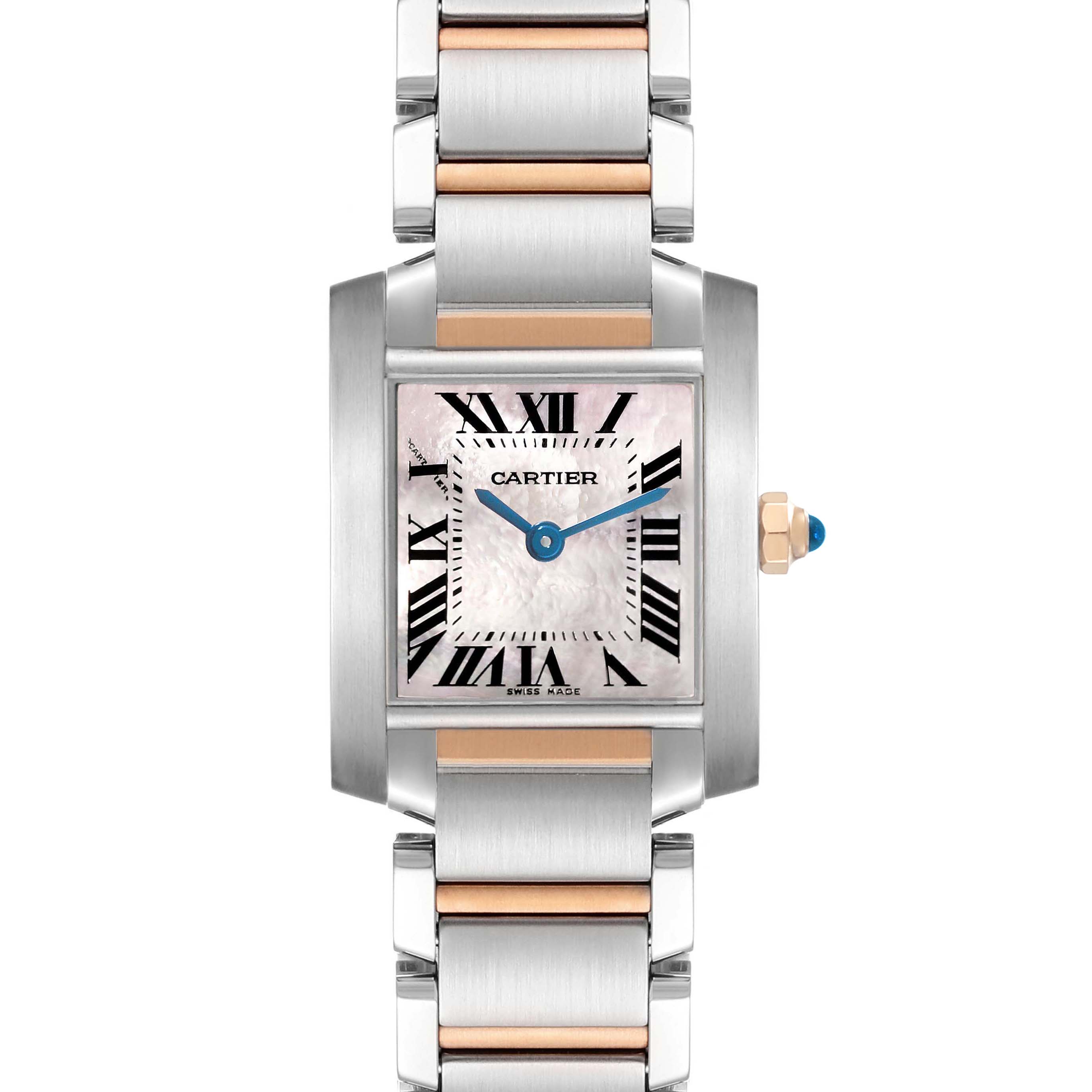 The Cartier Tank Francaise W51027Q4 Women's Steel and Gold (two tone) Mother of Pearl Dial is shown from the front, displaying the dial, Roman numerals, and two-tone metal bracelet.