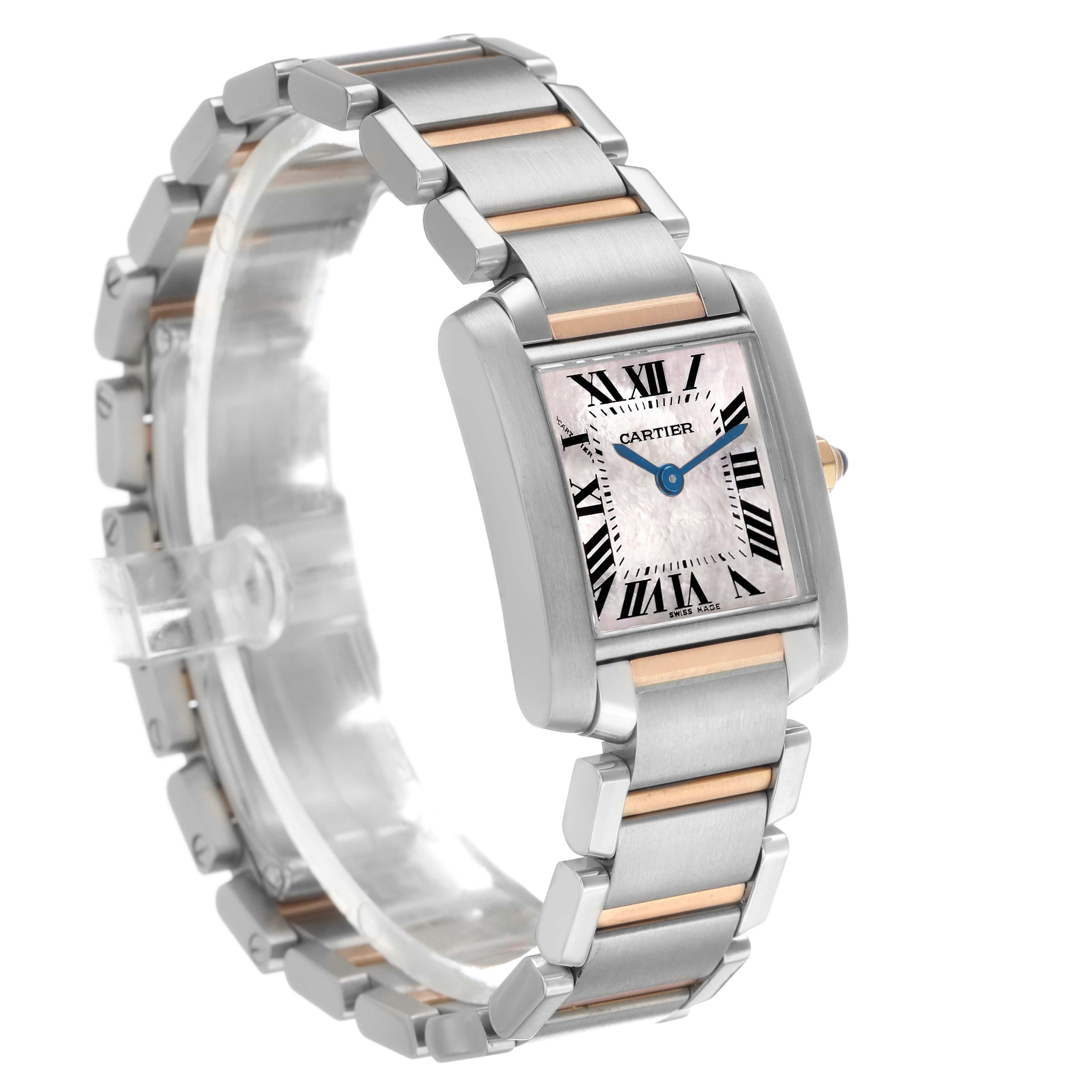 The Cartier Tank Française watch is shown at a three-quarter angle, highlighting the face, bracelet, and side profile.