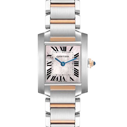 The Cartier Tank Française watch is shown front-facing, displaying the dial, Roman numerals, and two-tone bracelet.