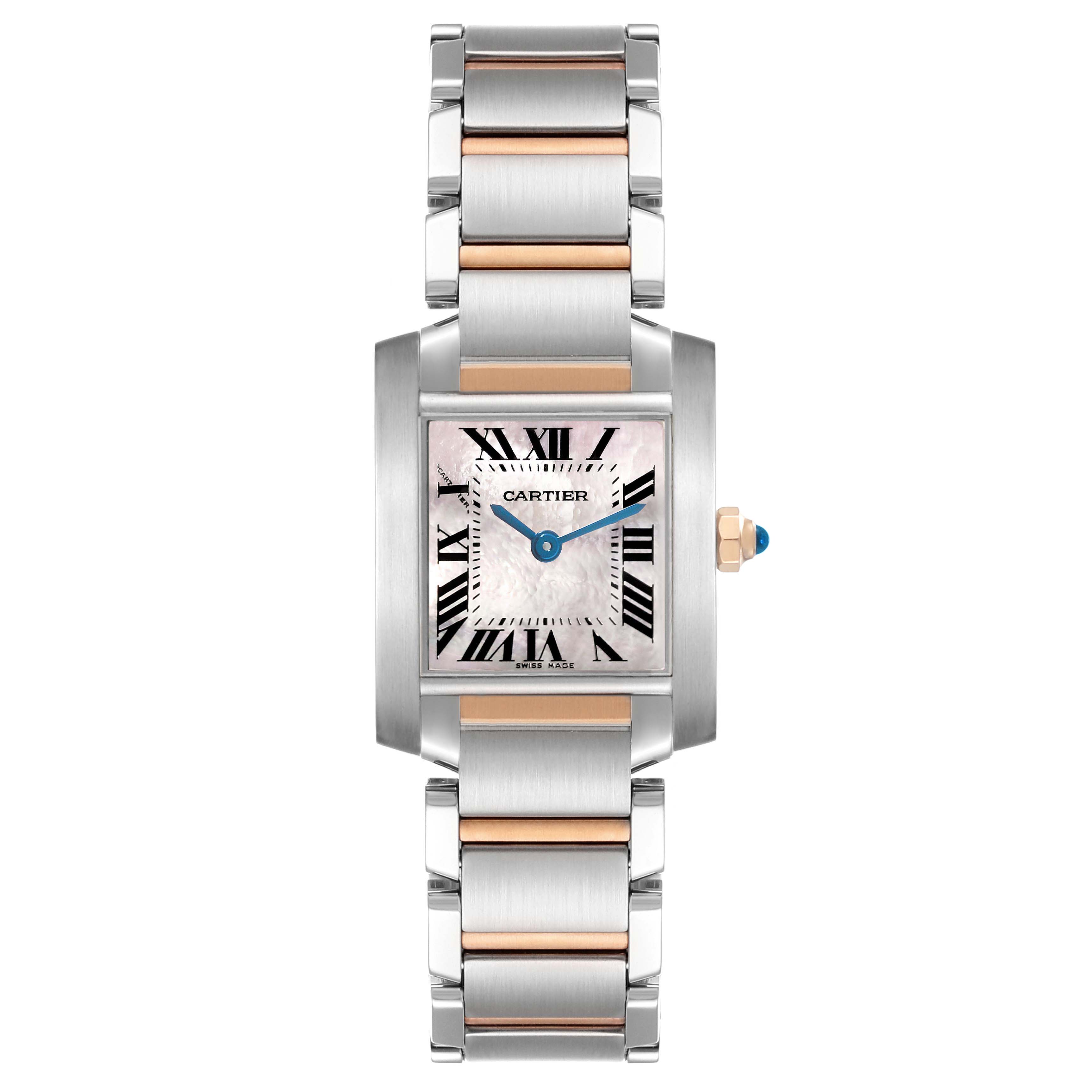 The Cartier Tank Française watch is shown from the front, highlighting its rectangular face, Roman numerals, and two-tone bracelet.