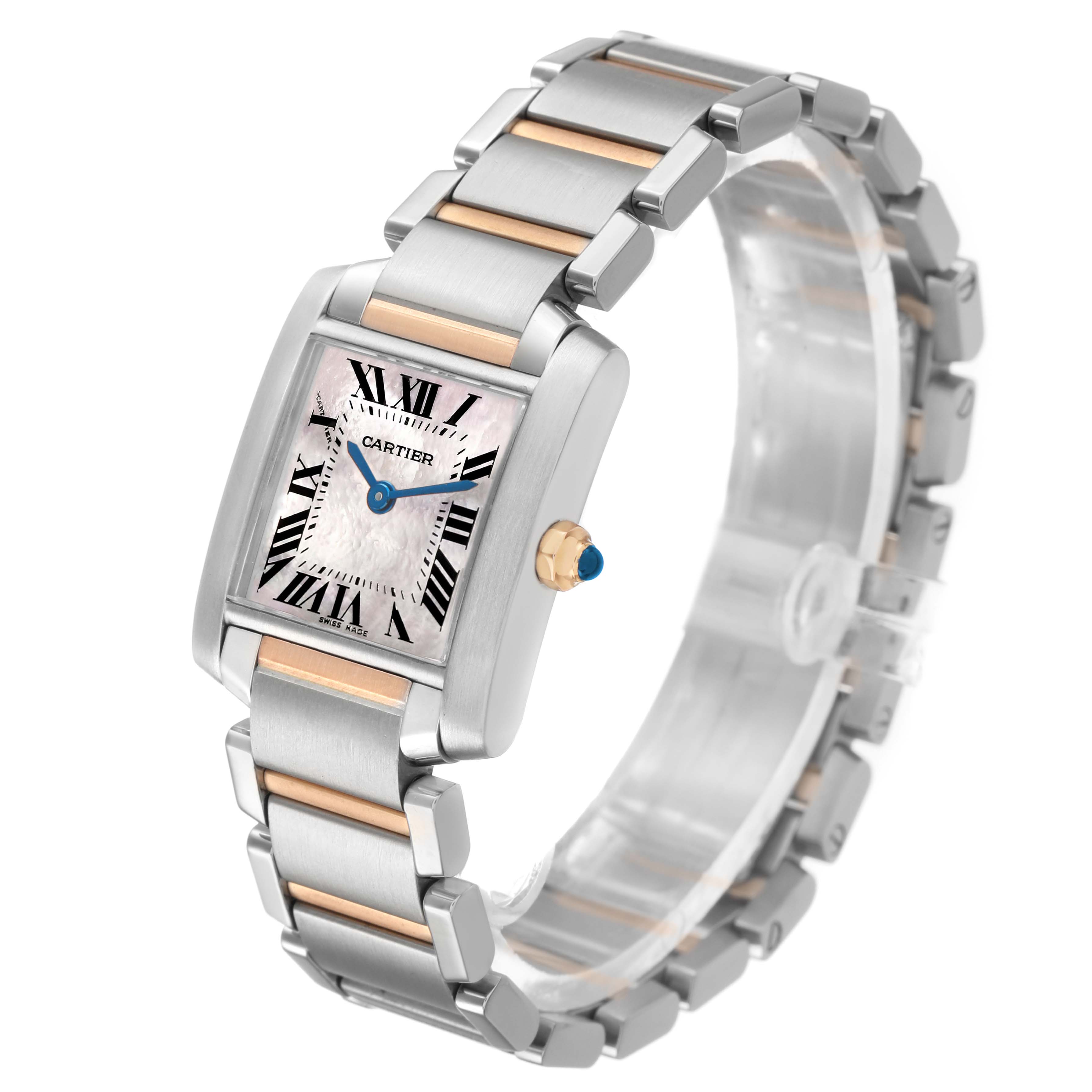 The Cartier Tank Francaise W51027Q4 Women's Steel and Gold (two tone) Mother of Pearl Dial watch is shown at a slight angle, highlighting its rectangular face and metal link bracelet.