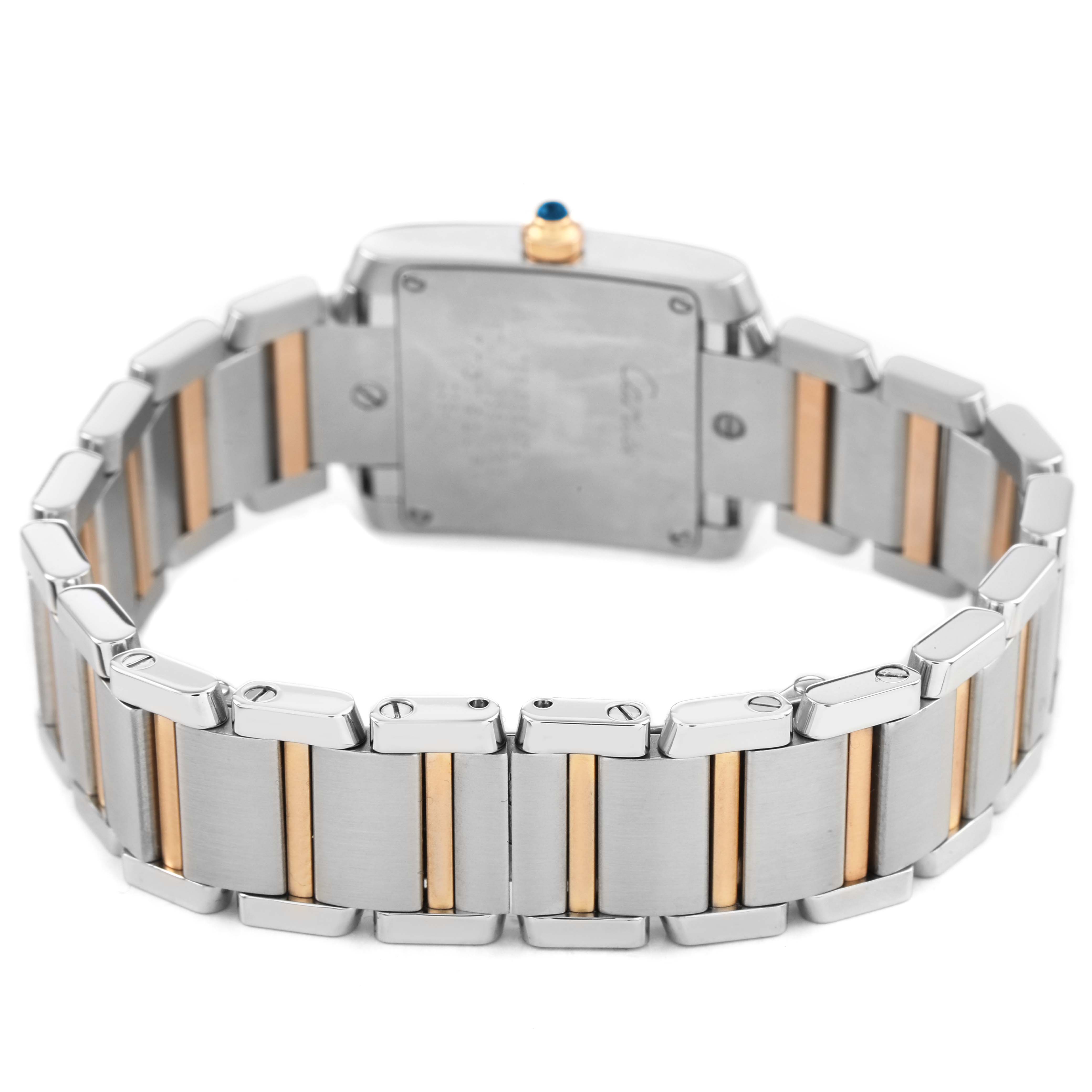 The image shows the back of the Cartier Tank Francaise W51027Q4 Women's Steel and Gold (two tone) Mother of Pearl Dial watch, highlighting its two-tone metal bracelet and case back.