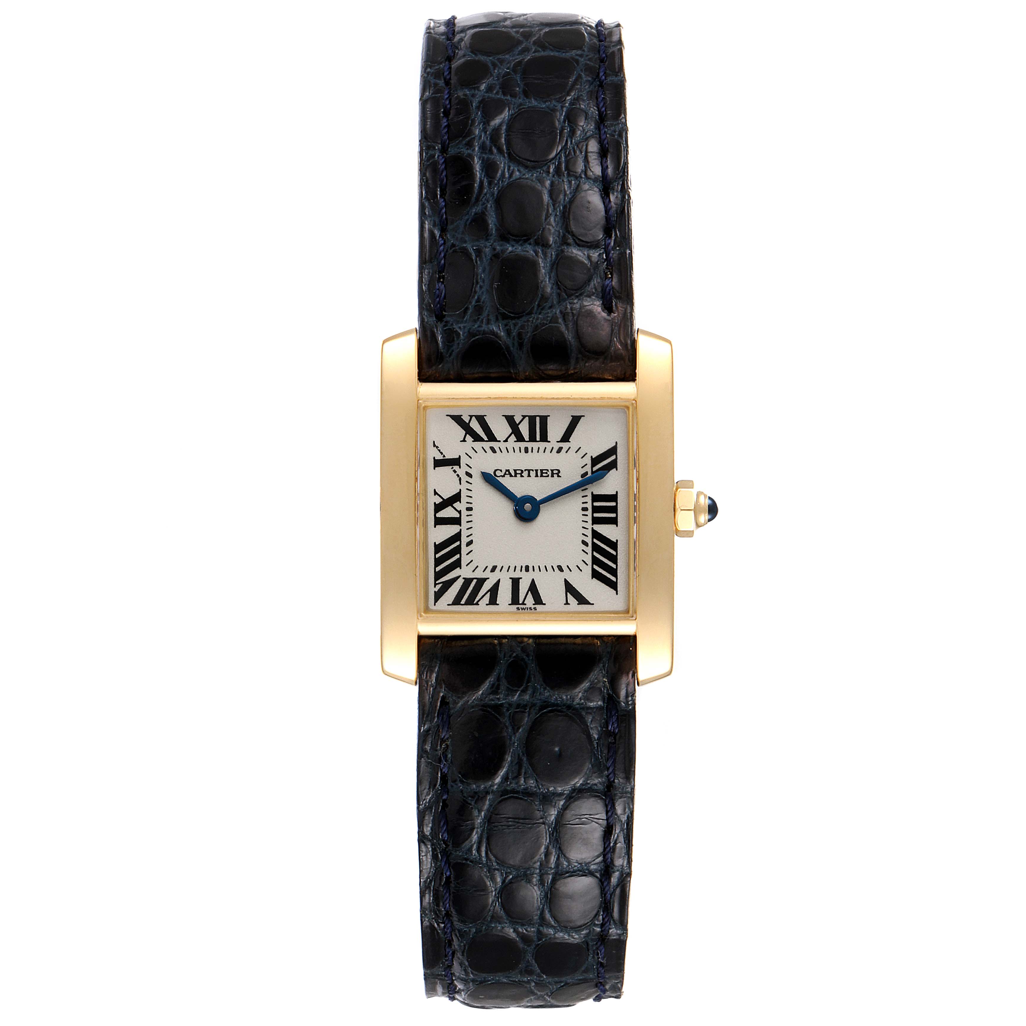 The image shows the Cartier Tank Francaise W5000256 Women's Yellow Gold Silver Dial W5000256 Women's Yellow Gold Silver Dial watch from a top-down angle, highlighting the face, case, and strap.