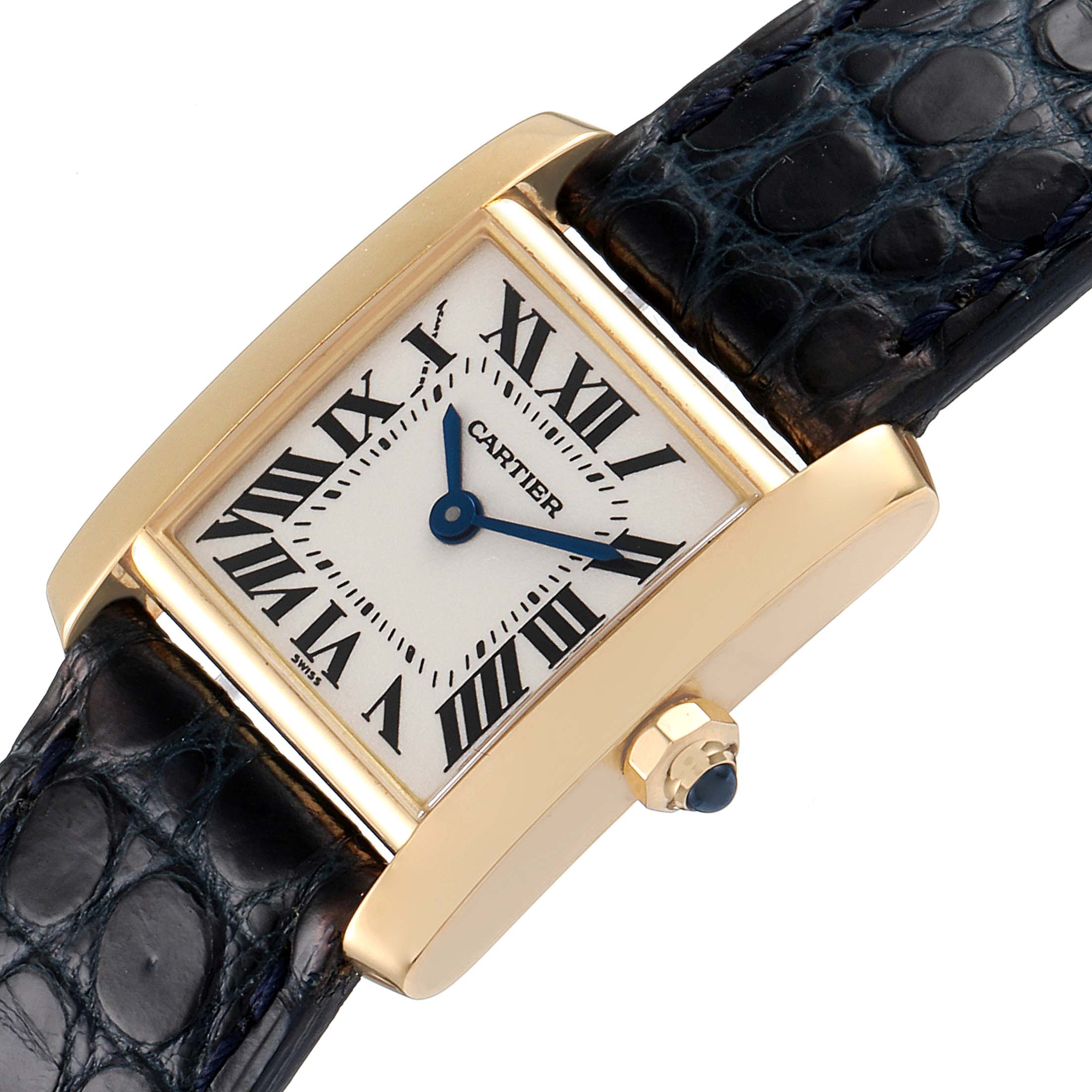This image shows a close-up of the Cartier Tank Française watch face and part of its strap, viewed from an angled top-down perspective.