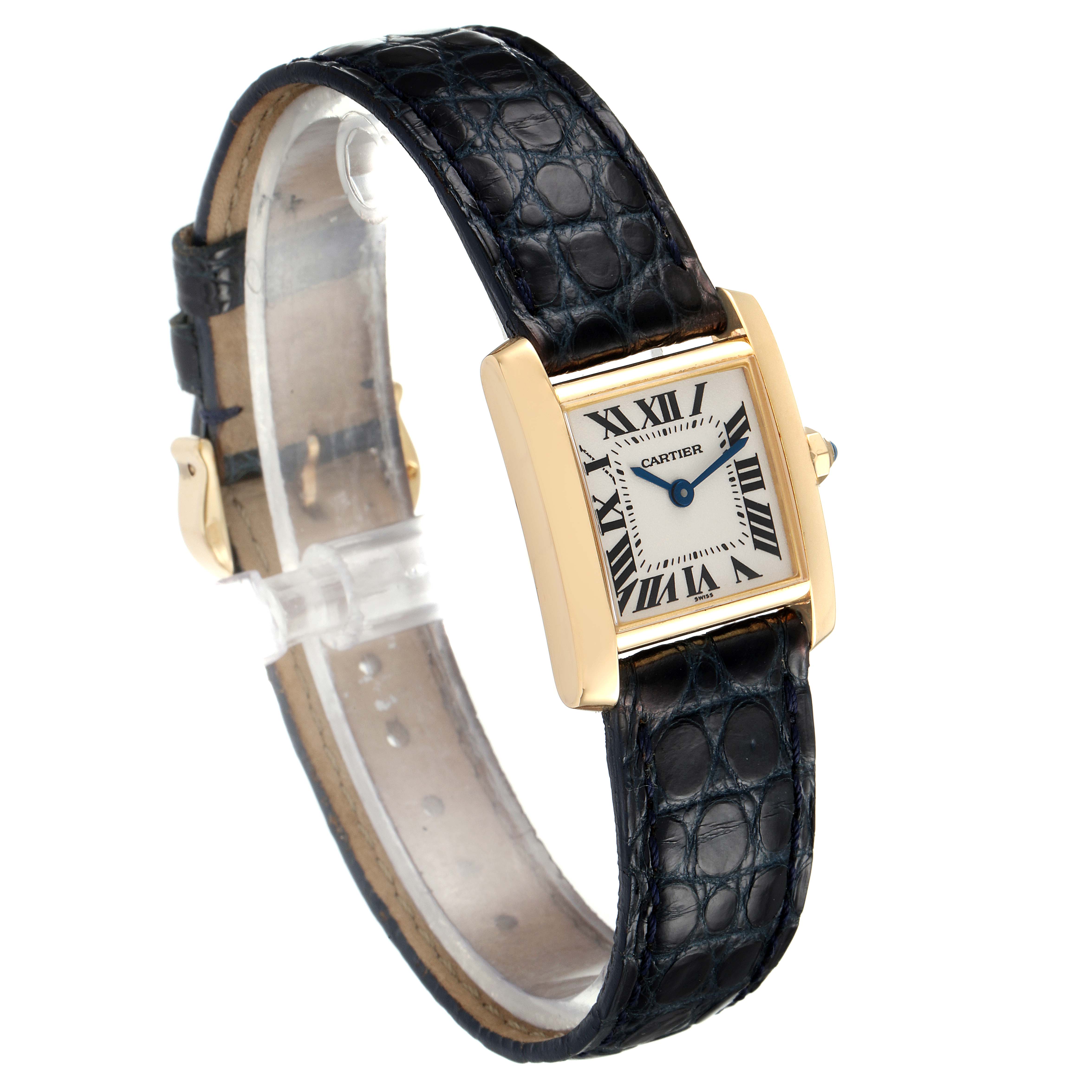 The Cartier Tank Francaise W5000256 Women's Yellow Gold Silver Dial W5000256 Women's Yellow Gold Silver Dial watch is viewed at an angle showing its rectangular face, Roman numerals, and black leather strap.