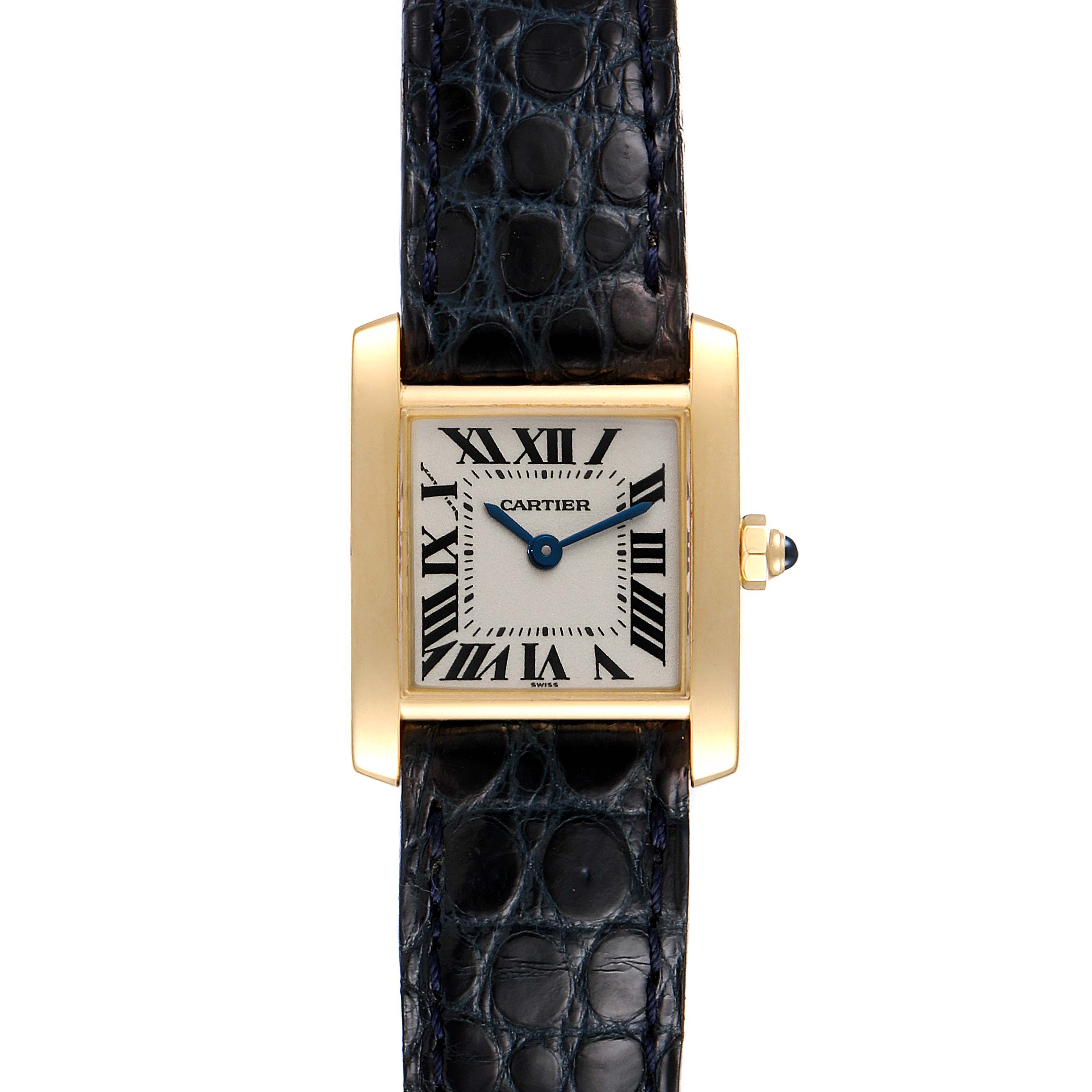 The image shows a frontal view of a Cartier Tank Francaise W5000256 Women's Yellow Gold Silver Dial W5000256 Women's Yellow Gold Silver Dial watch, highlighting its face, casing, and leather strap.