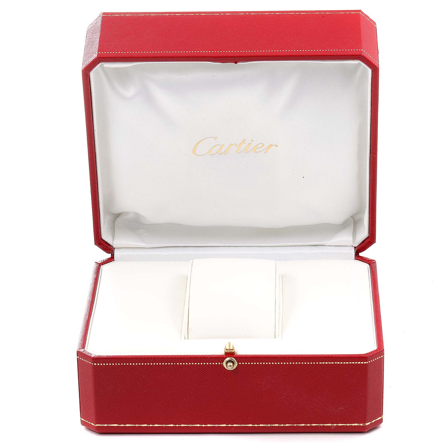 The image shows an open red Cartier watch box for the Tank Francaise model, displaying its interior lining and watch pillow.