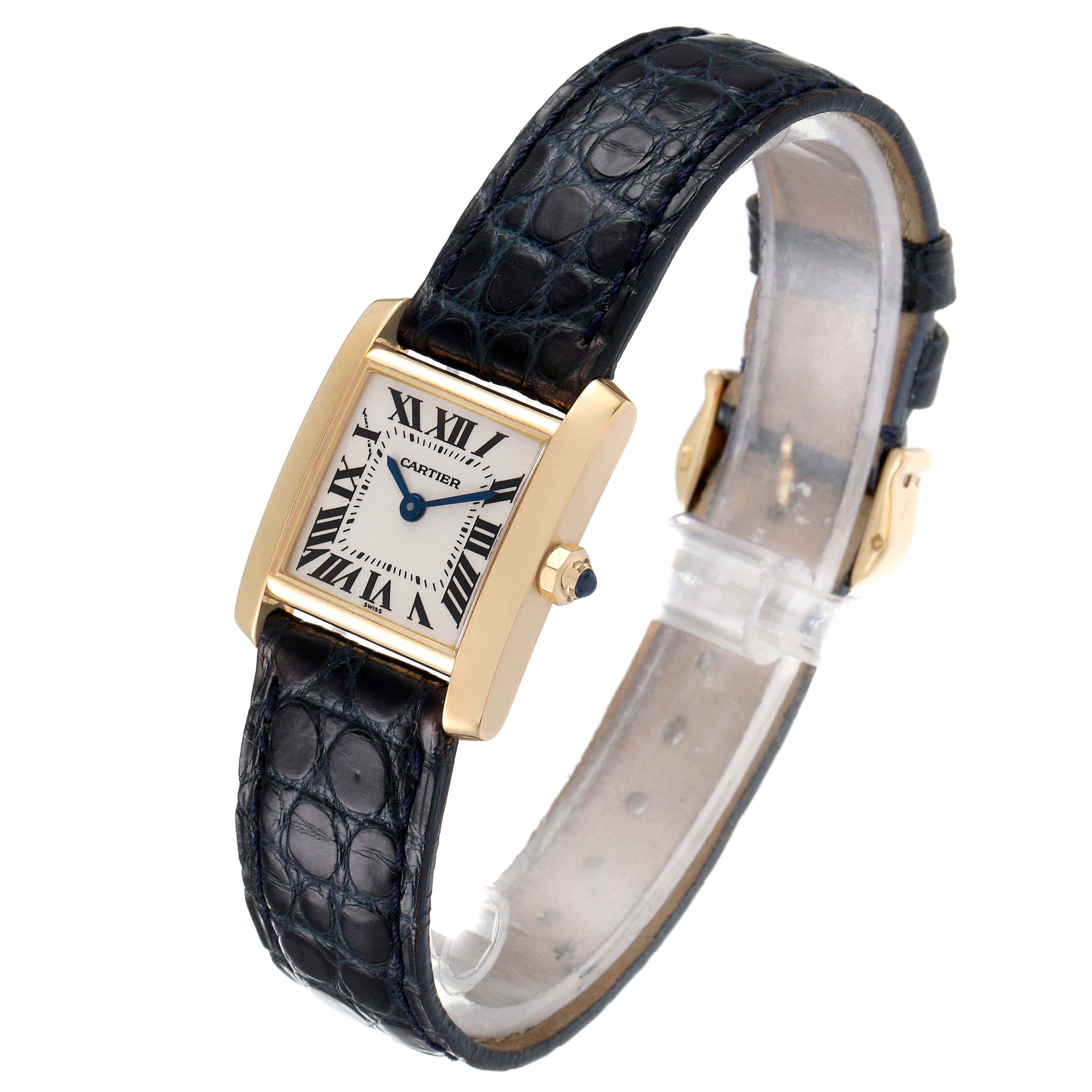 The Cartier Tank Française watch is shown from a front angle, highlighting its face, case, and leather strap.