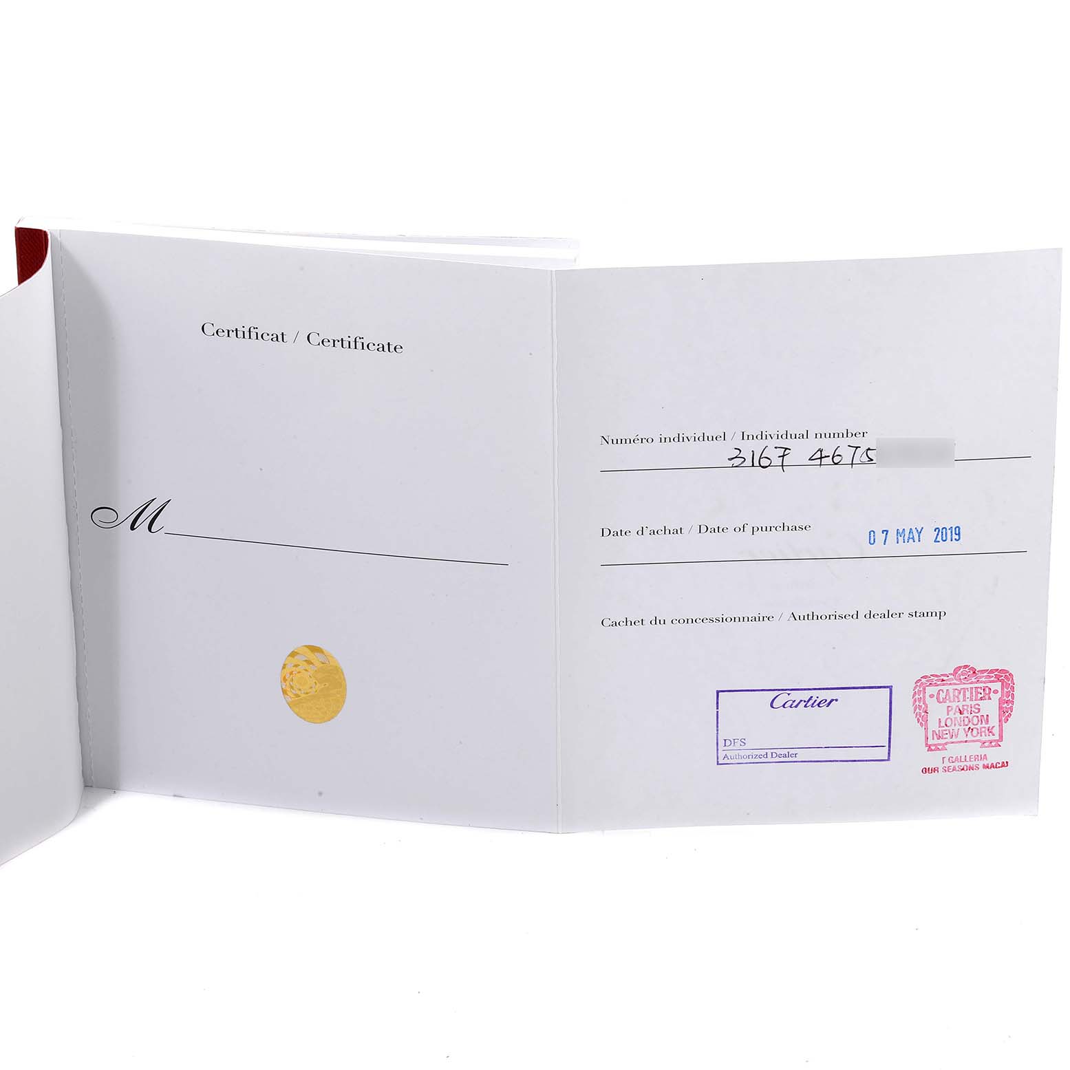 The image shows the authenticity certificate and purchase documentation for a Cartier Tank Solo W5200025 Men's Rose Gold Silver Dial W5200025 Men's Rose Gold Silver Dial watch.