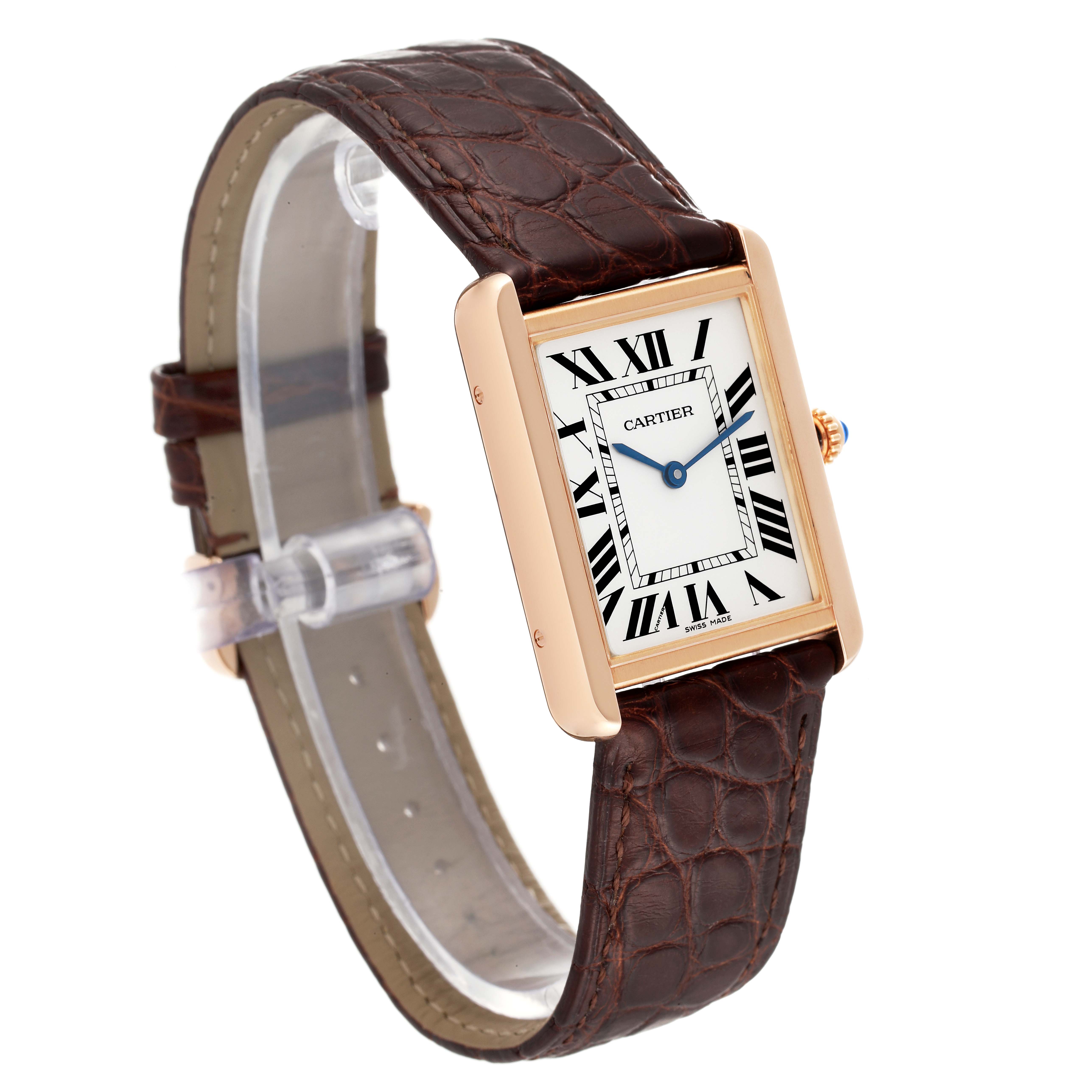 The Cartier Tank Solo W5200025 Men's Rose Gold Silver Dial W5200025 Men's Rose Gold Silver Dial watch is shown at an angled view, highlighting the face, leather strap, and part of the clasp.