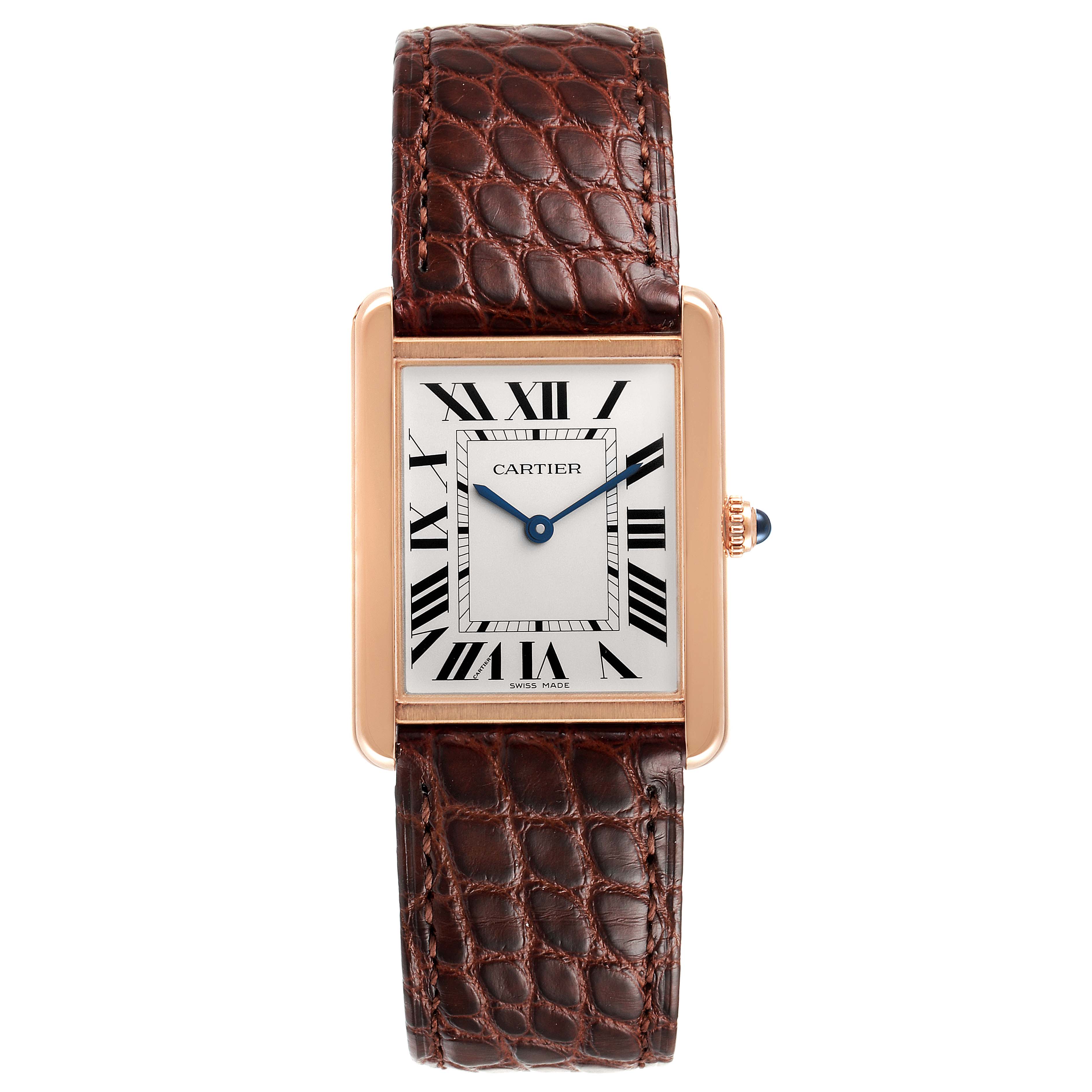 This Cartier Tank Solo W5200025 Men's Rose Gold Silver Dial W5200025 Men's Rose Gold Silver Dial watch is shown from the front, displaying the face, hands, Roman numerals, and leather strap.