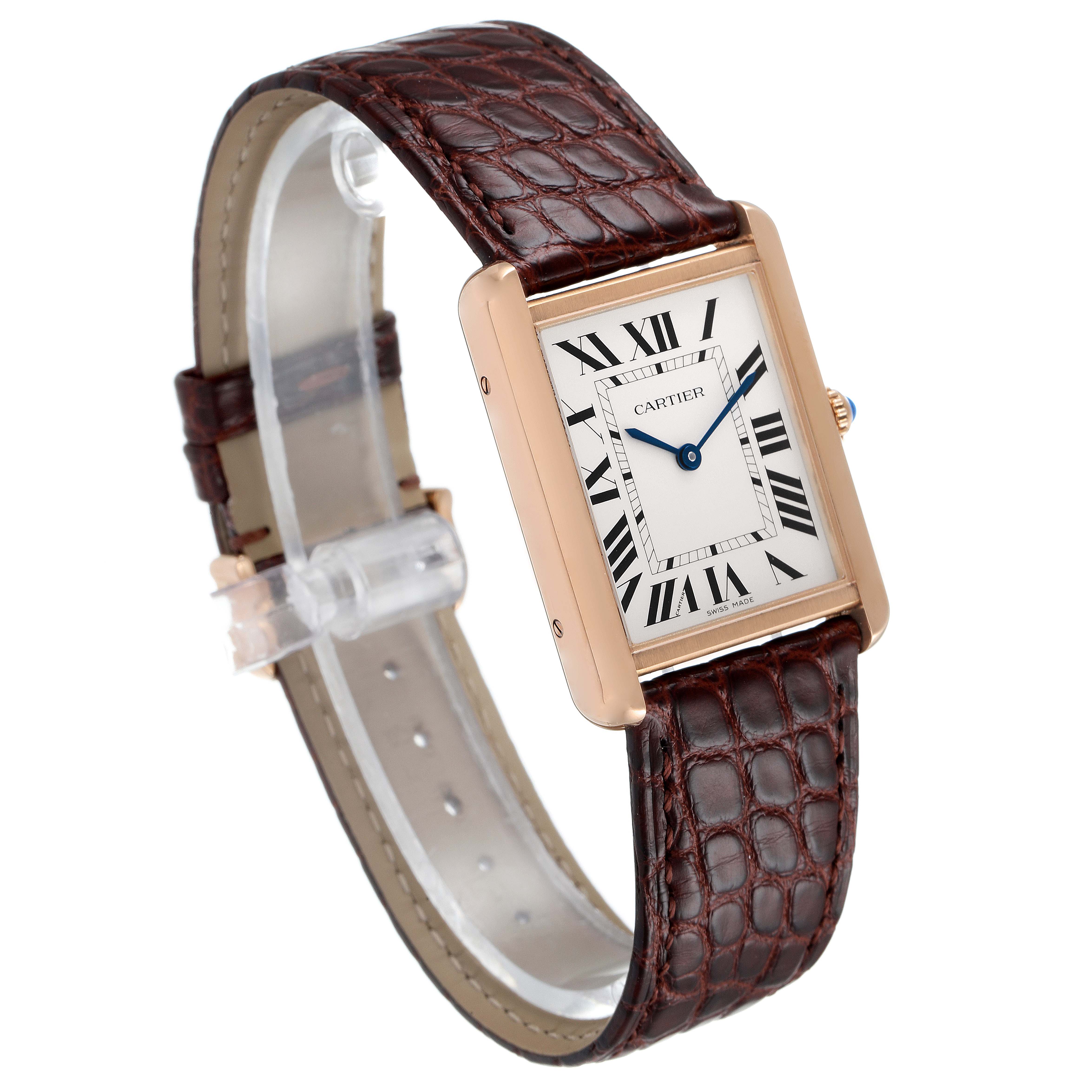 This image shows a Cartier Tank Solo W5200025 Men's Rose Gold Silver Dial W5200025 Men's Rose Gold Silver Dial model watch at a three-quarter angle, highlighting its dial, case, and leather strap.