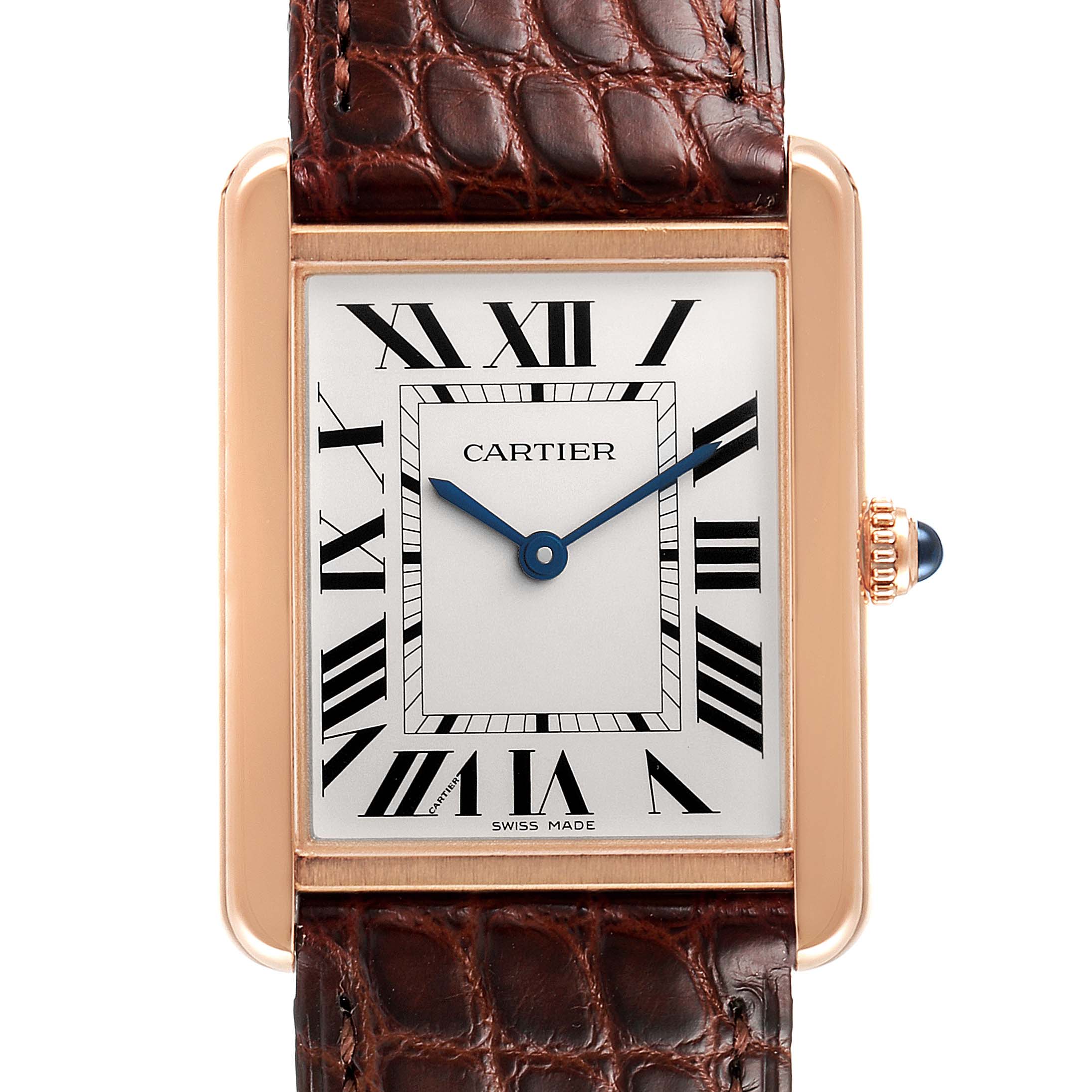 This image shows a front view of the Cartier Tank Solo W5200025 Men's Rose Gold Silver Dial W5200025 Men's Rose Gold Silver Dial watch, highlighting its face, Roman numerals, and leather strap.