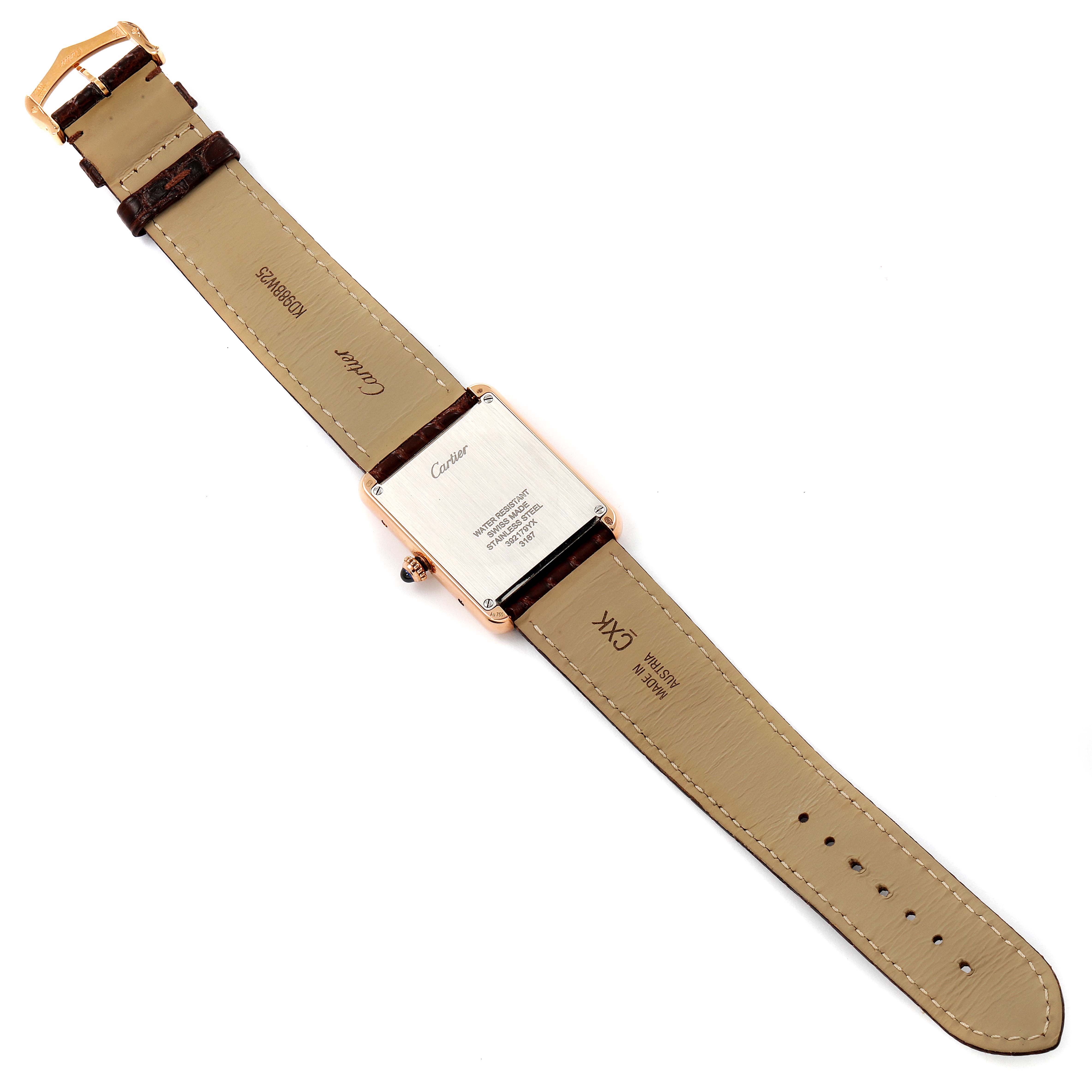 The image shows the Cartier Tank Solo W5200025 Men's Rose Gold Silver Dial W5200025 Men's Rose Gold Silver Dial watch from the back, including its strap and caseback.