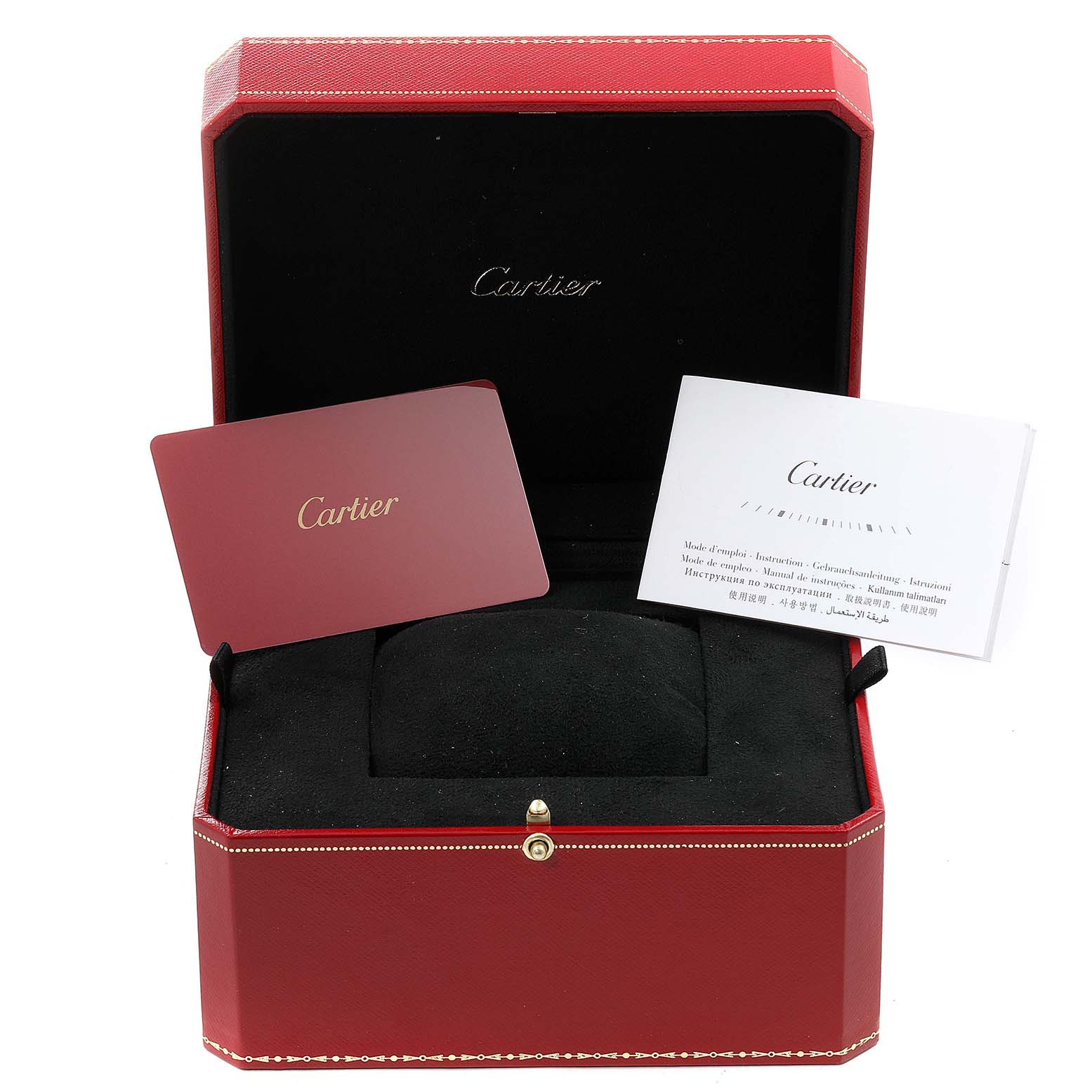 The image shows a red Cartier box containing documents and a cushion for the Tank Solo model watch.