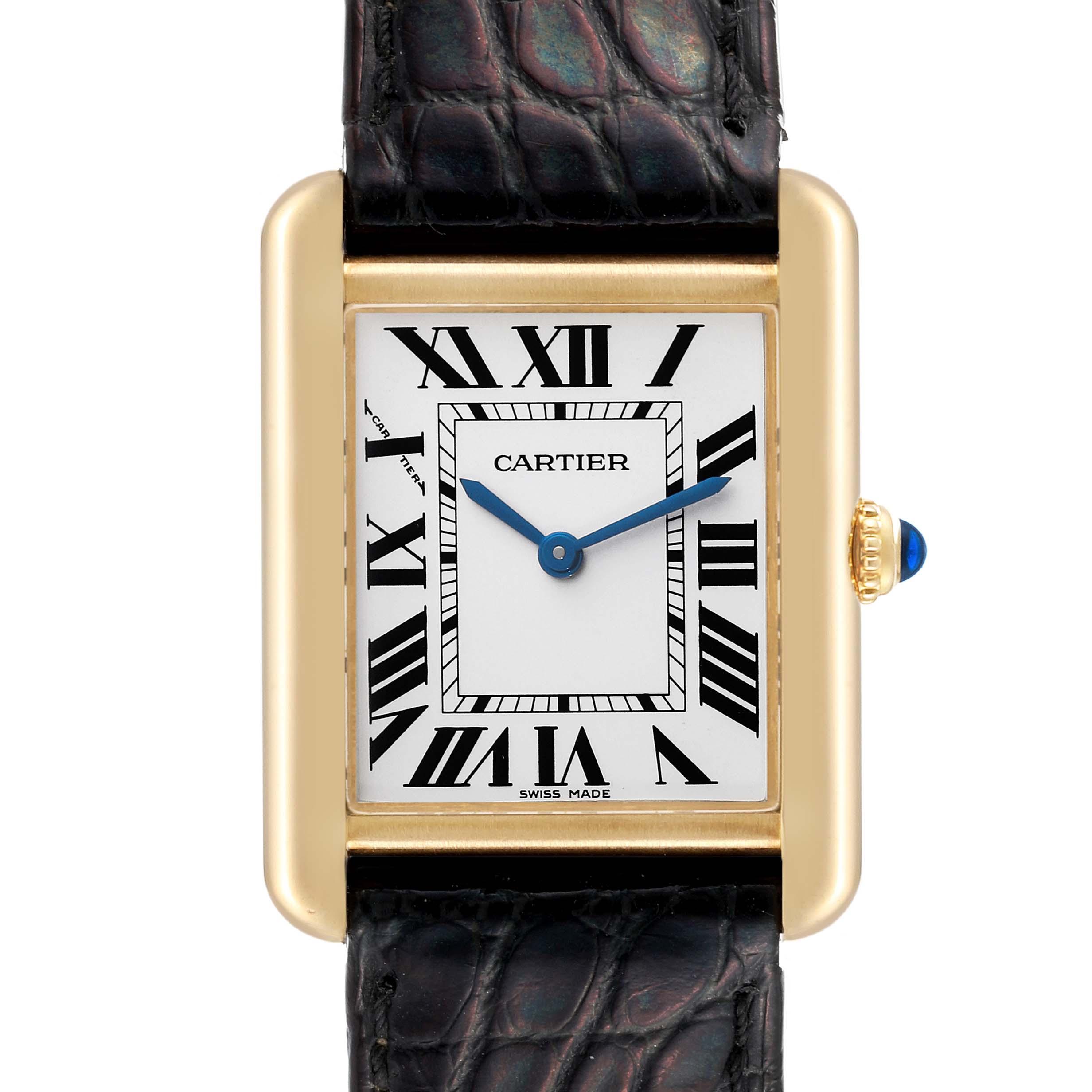 This image shows a front view of the Cartier Tank Solo W5200002 Women's Yellow Gold Silver Dial W5200002 Women's Yellow Gold Silver Dial watch, highlighting its rectangular face, Roman numerals, and leather strap.