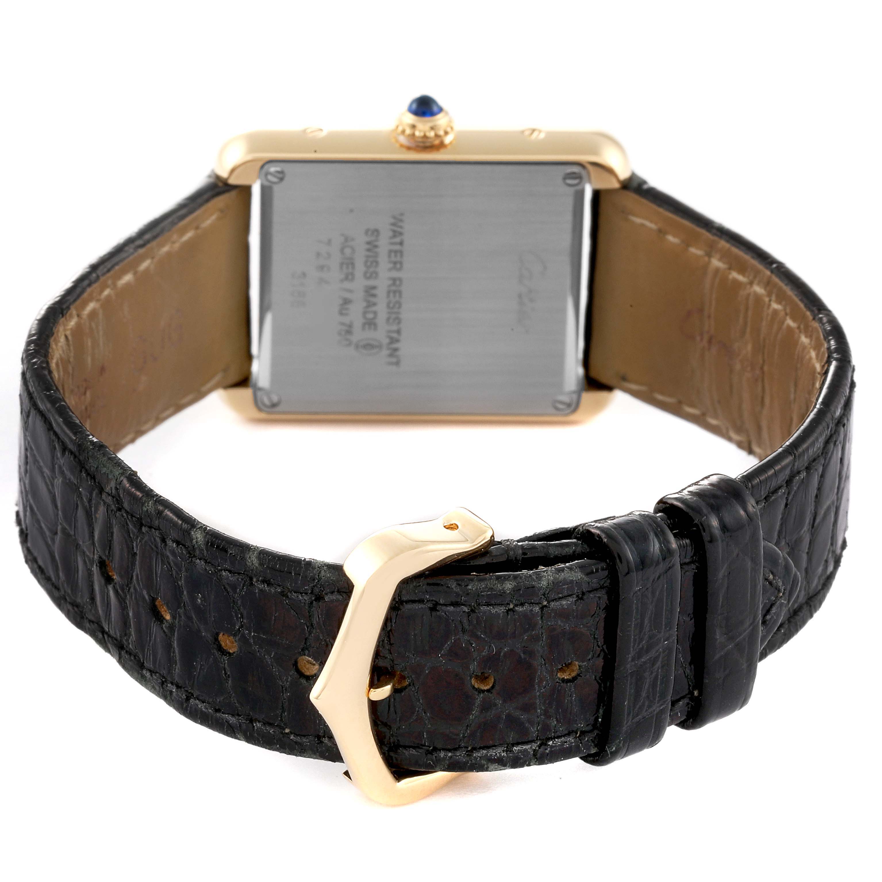 The image shows the back of a Cartier Tank Solo W5200002 Women's Yellow Gold Silver Dial W5200002 Women's Yellow Gold Silver Dial watch, highlighting the clasp, leather strap, and case back details.