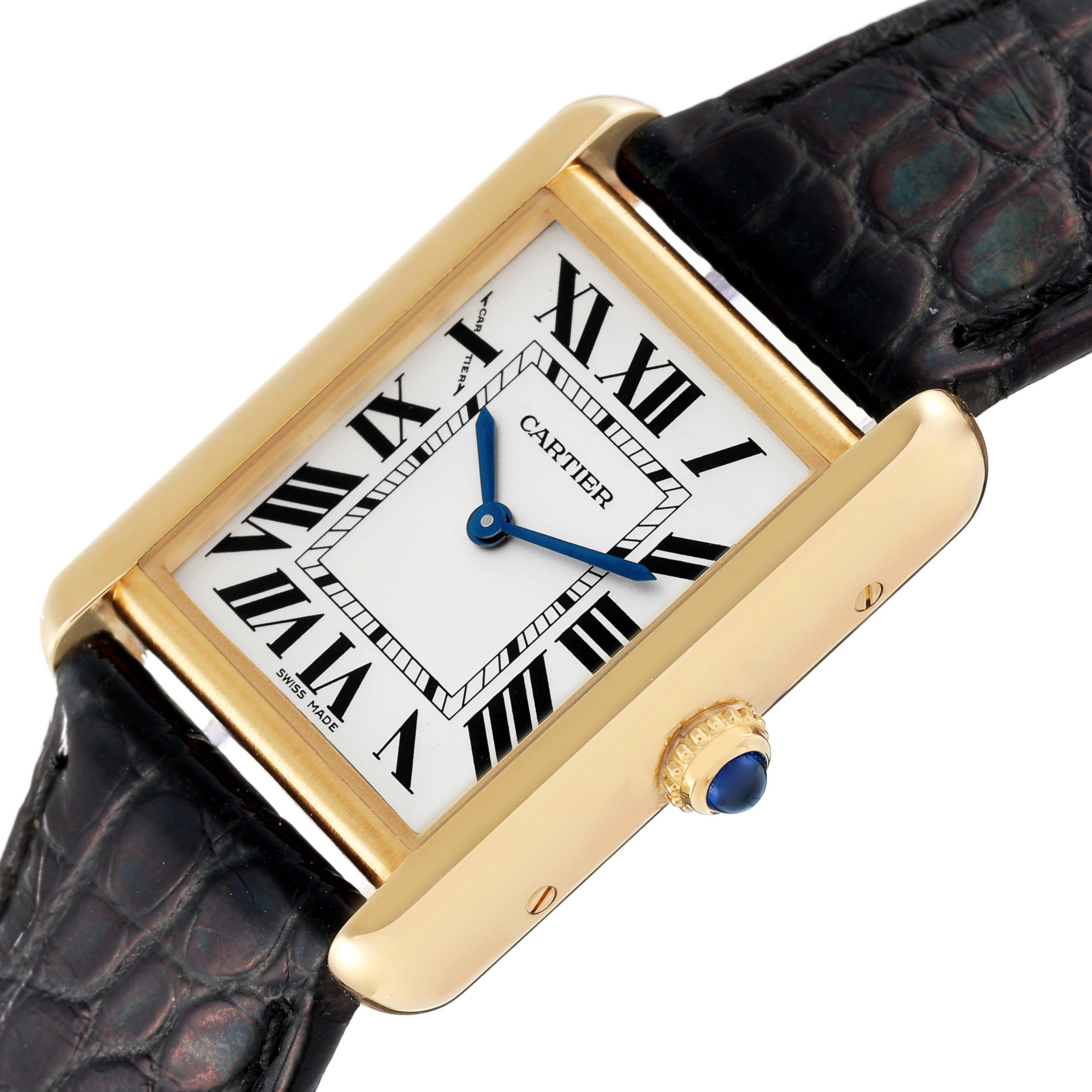 This Cartier Tank Solo W5200002 Women's Yellow Gold Silver Dial W5200002 Women's Yellow Gold Silver Dial model watch is shown at an angle highlighting its rectangular face, Roman numerals, and leather strap.