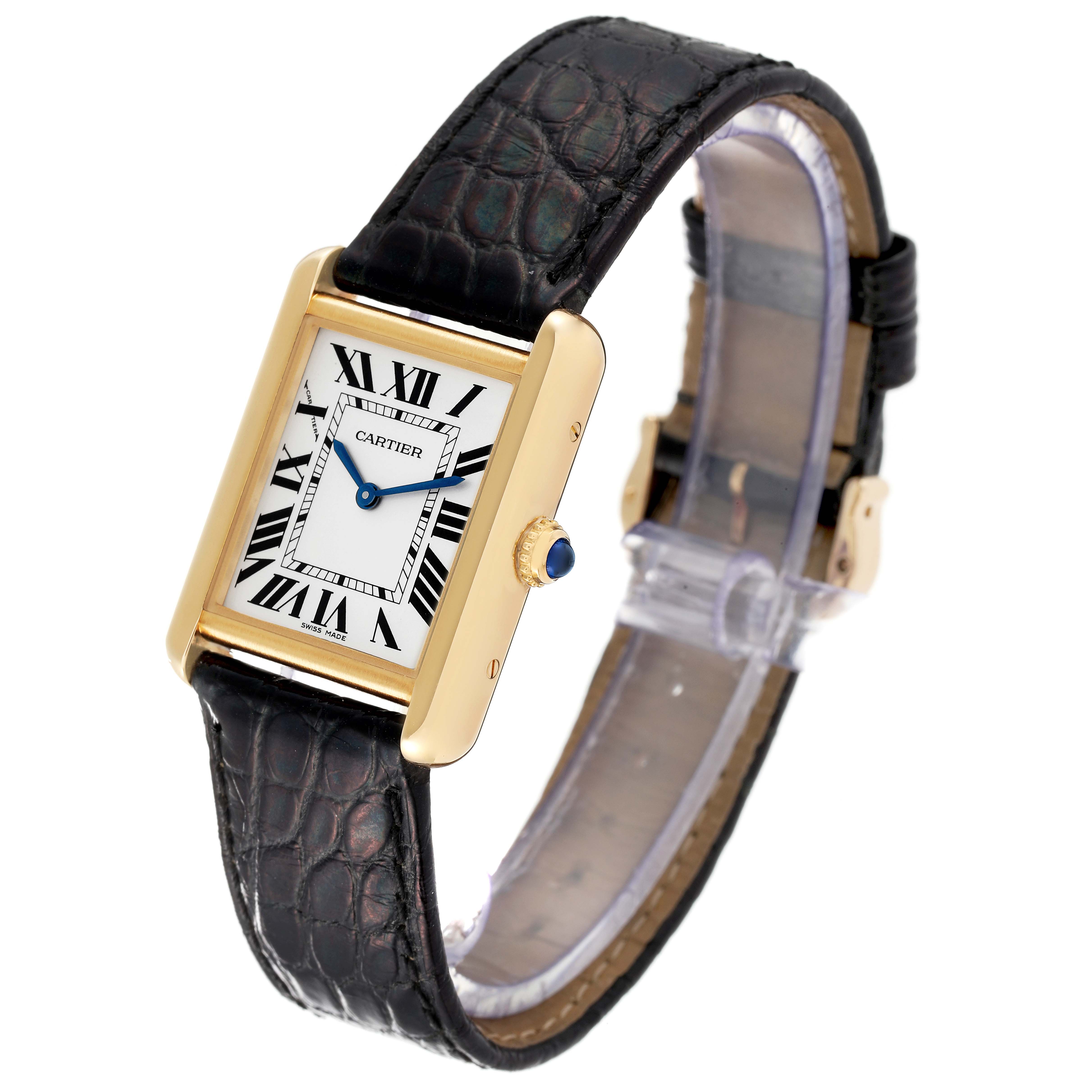 The image shows a Cartier Tank Solo W5200002 Women's Yellow Gold Silver Dial W5200002 Women's Yellow Gold Silver Dial watch from an angled perspective, highlighting its face, casing, crown, and leather strap.