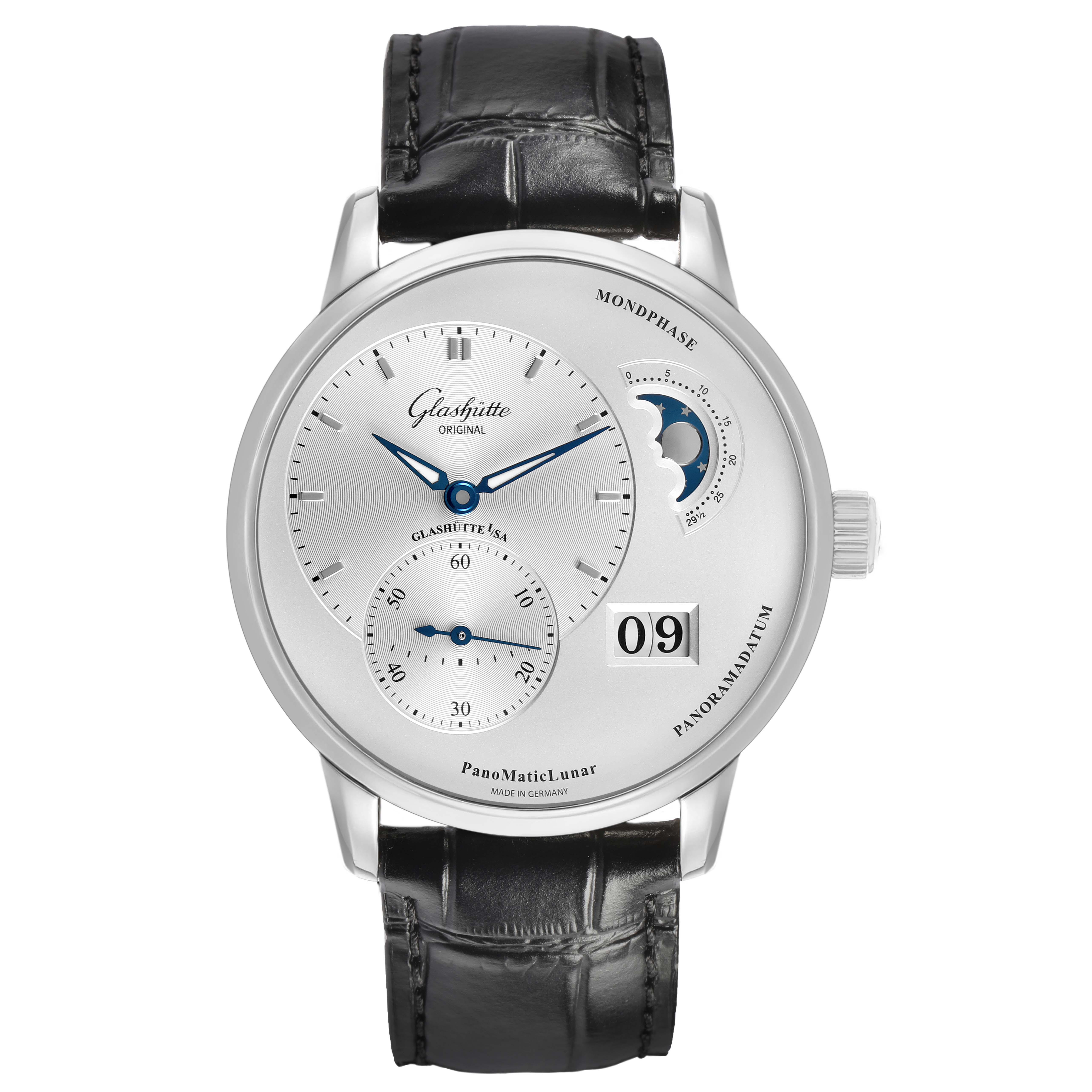 The Glashutte Pano 1-90-02-42-32-61 Men's Stainless Steel Silver Dial model is shown from a front view, displaying the face, moon phase, and date features.