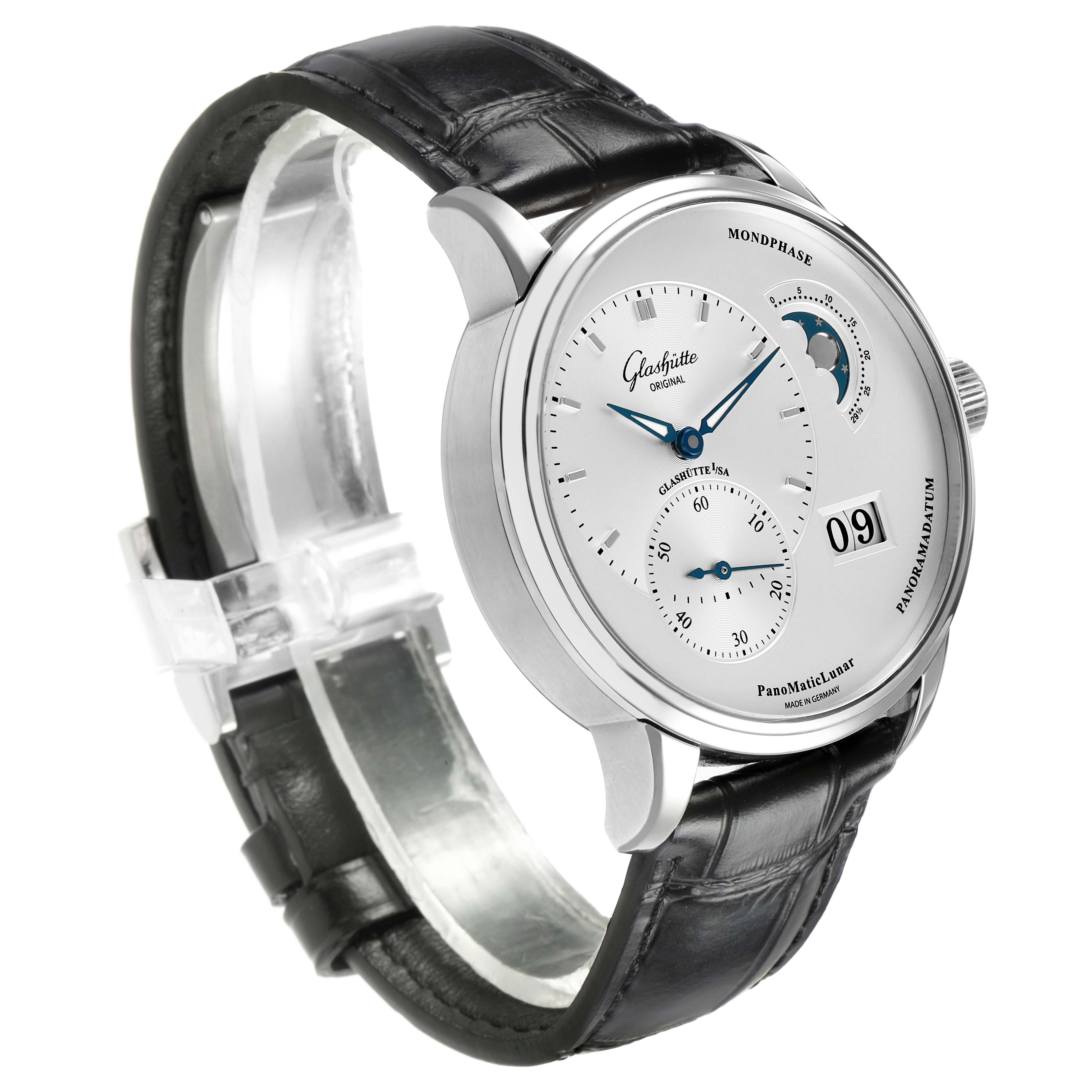 The Glashütte Pano watch is shown at a slight angle highlighting the dial, moonphase, and black leather strap.