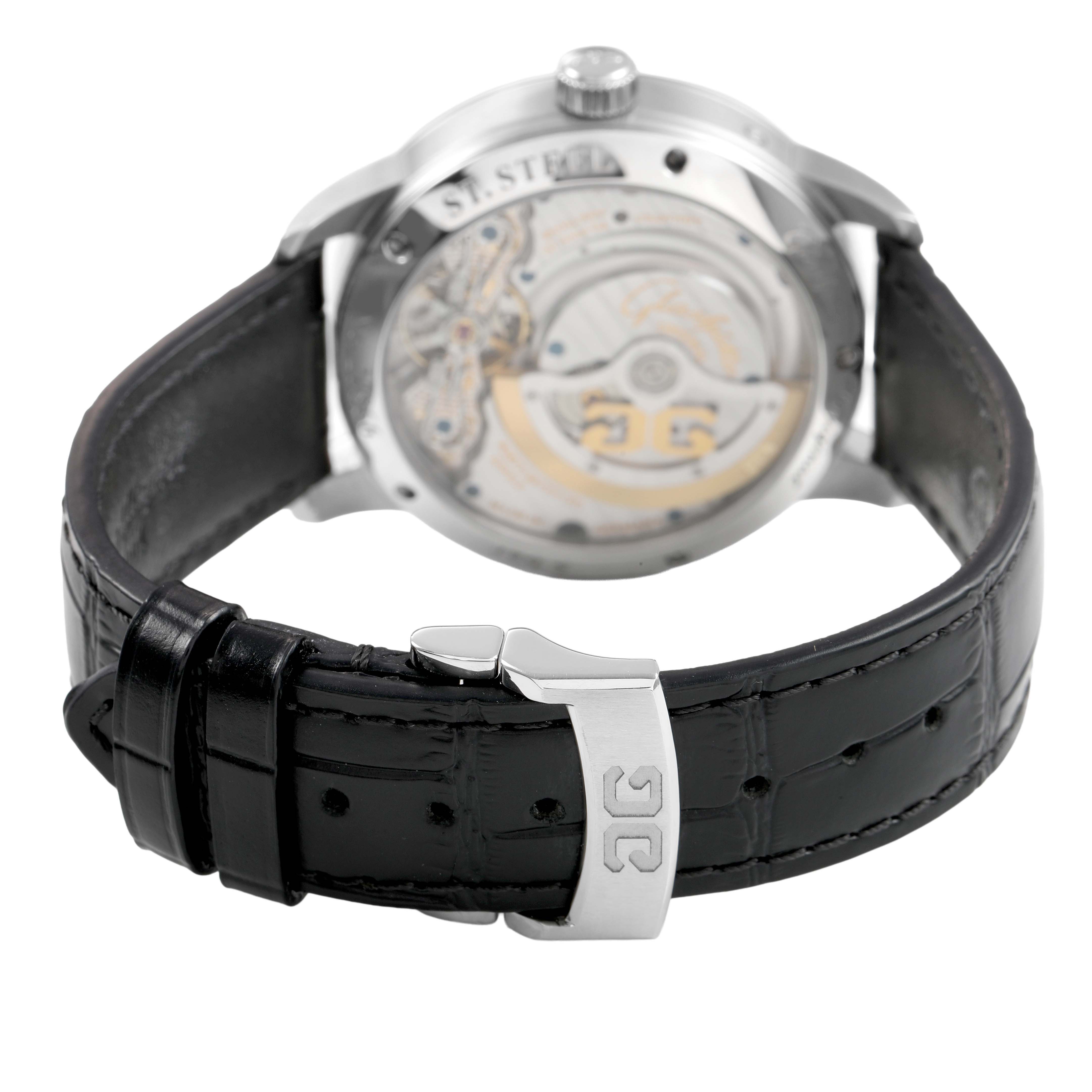 The image shows the back and strap of the Glashütte Pano model, highlighting the movement and clasp.