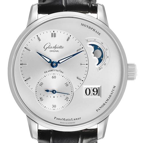 The Glashütte PanoMaticLunar watch is shown from a front angle, displaying the dial, moon phase, and date features.