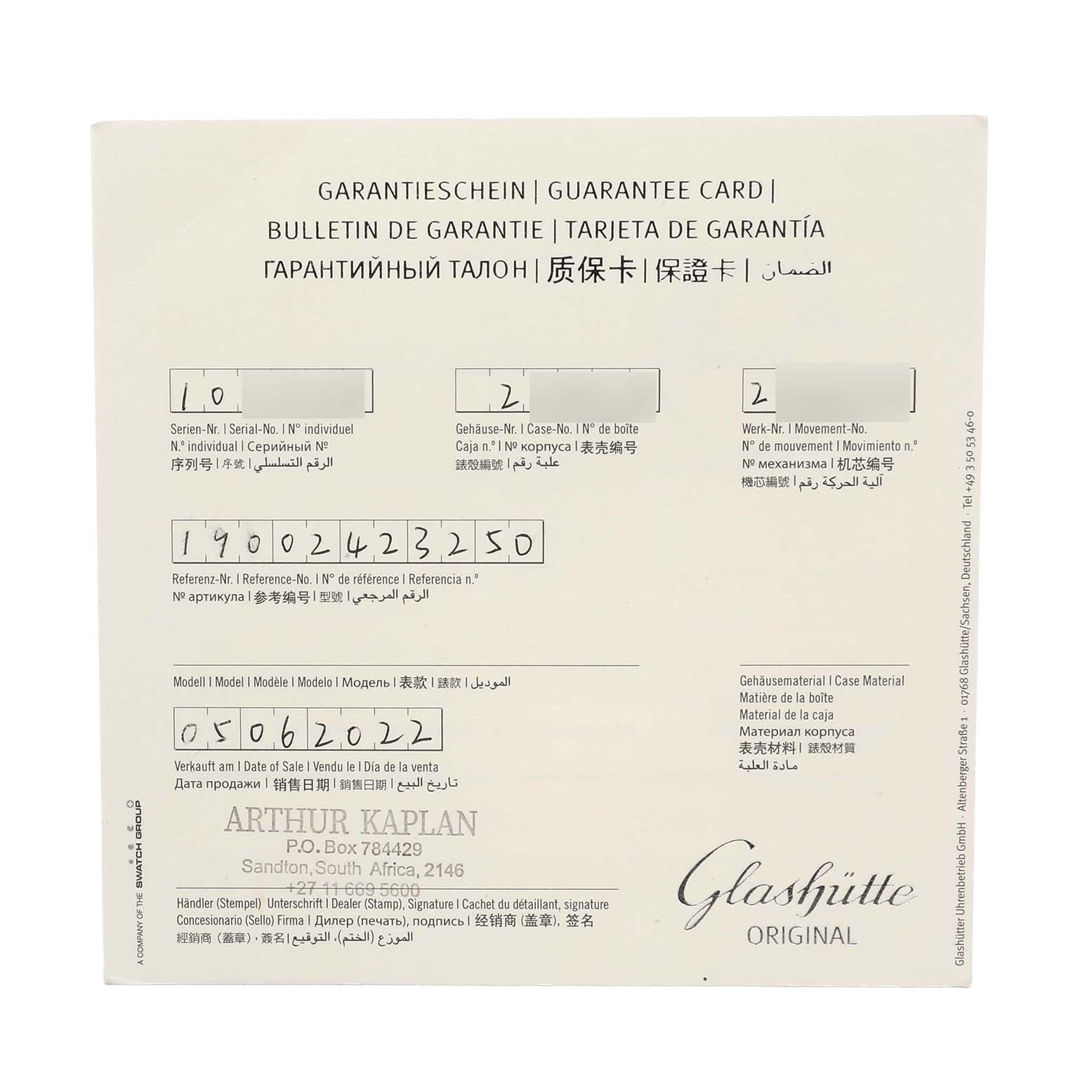 The image shows a Glashütte Original Pano model guarantee card, displaying serial and reference numbers.