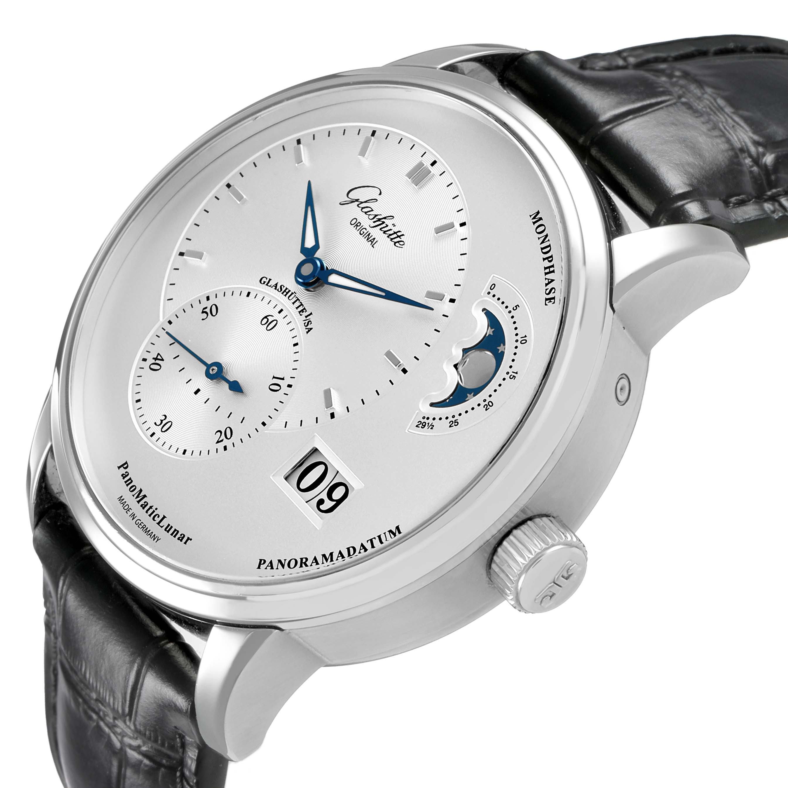 The Glashütte PanoMaticLunar watch is shown at a three-quarter angle, highlighting the dial, moonphase, and date features.