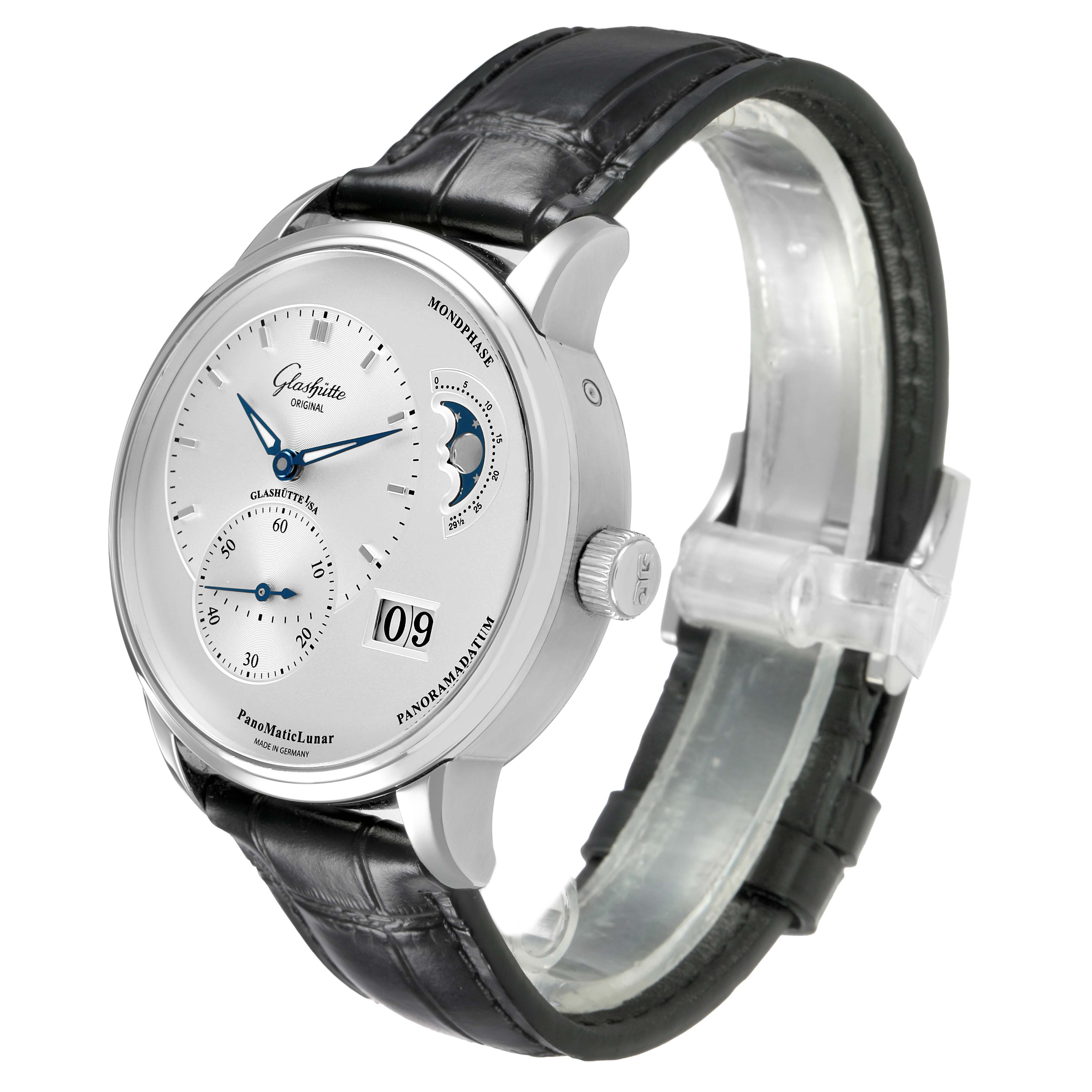 The Glashütte Pano model is shown at an angled side view, displaying the face, moon phase, date, and part of the leather strap.