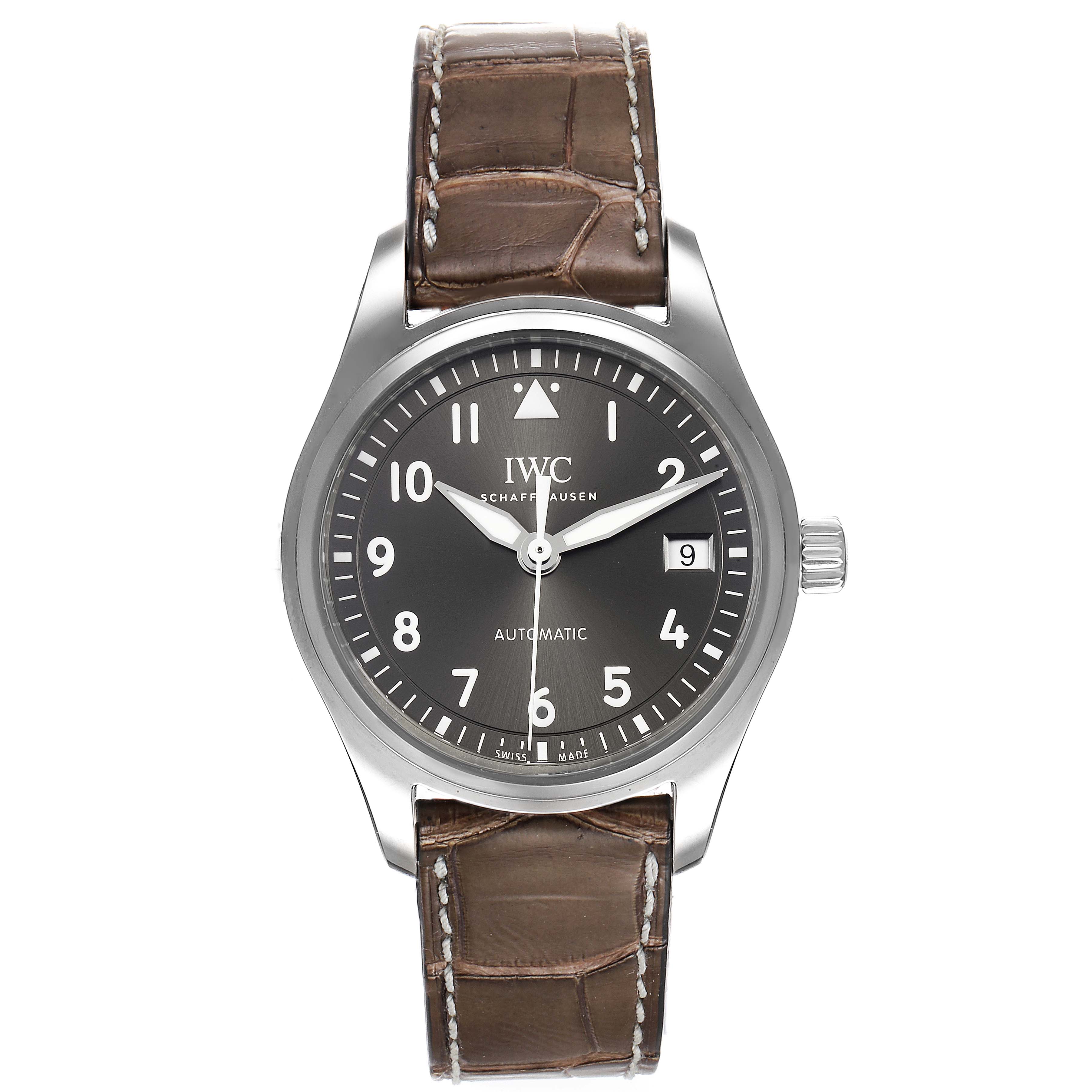 This image shows a front view of the IWC Pilot IW324001 Men's Stainless Steel Grey Dial IW324001 Men's Stainless Steel Grey Dial model watch, displaying the dial, case, crown, and leather strap.